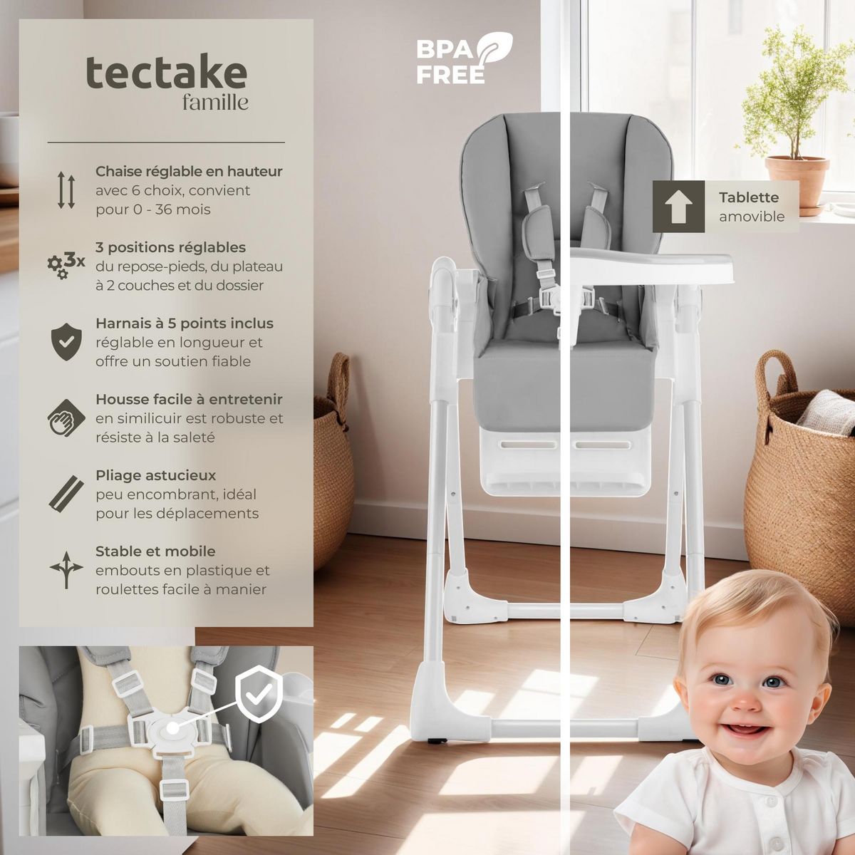 tectake Chaise haute dès les premiers mois, pliable blanc