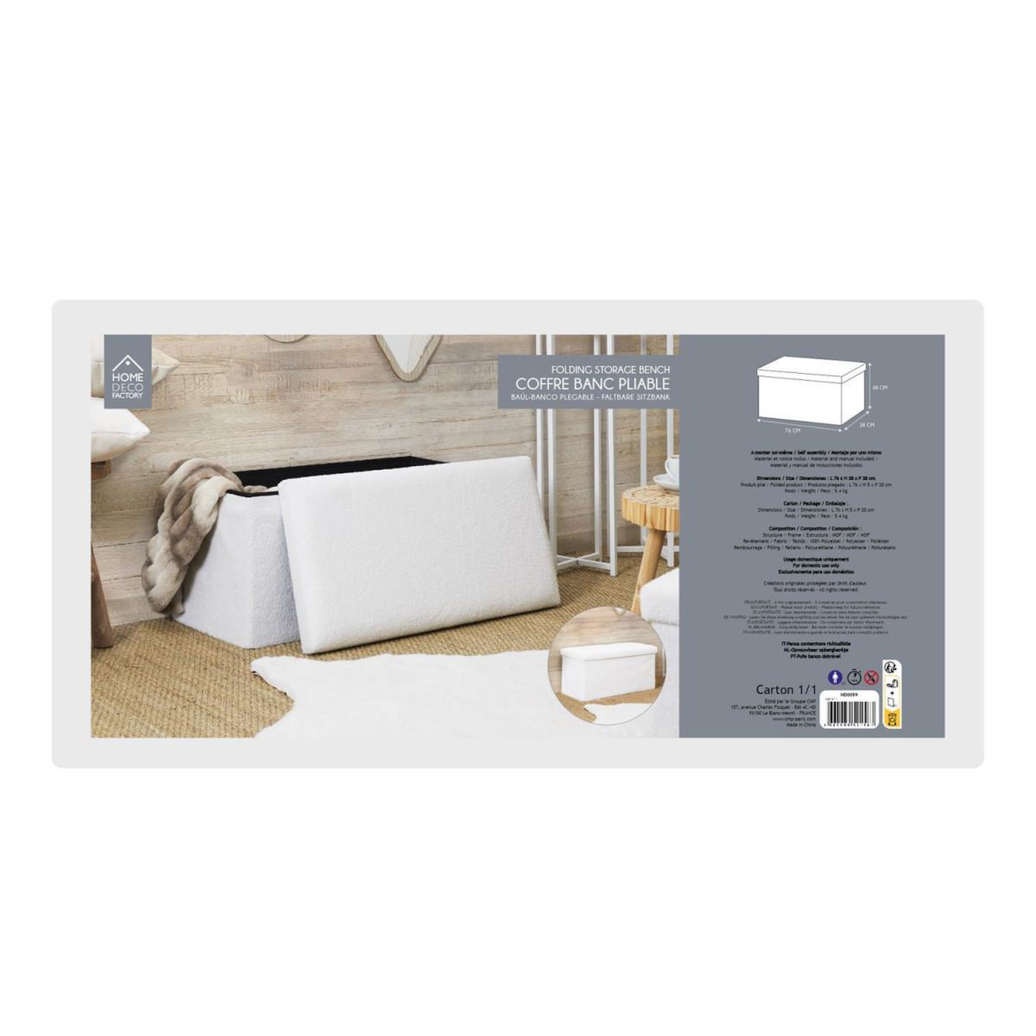 Voir la diapositive 6 : The Home Deco Factory Banc coffre pliable  bouclette  76cm blanc