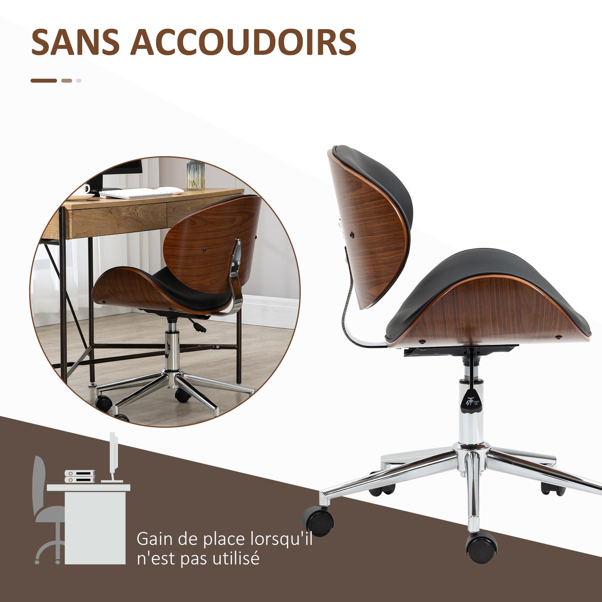 Voir la diapositive 5 : VINSETTO Chaise de bureau manager design vintage pivotante réglable bois peuplier acier chromé synthétique noir