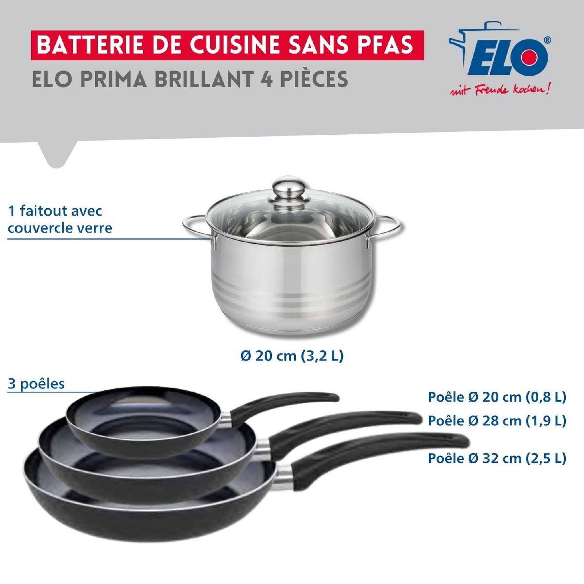 Voir la diapositive 2 : ELO Ensemble de 3 poêles de cuisson 20, 28 et 32 cm et 1 faitout 20 cm elo prima brillant