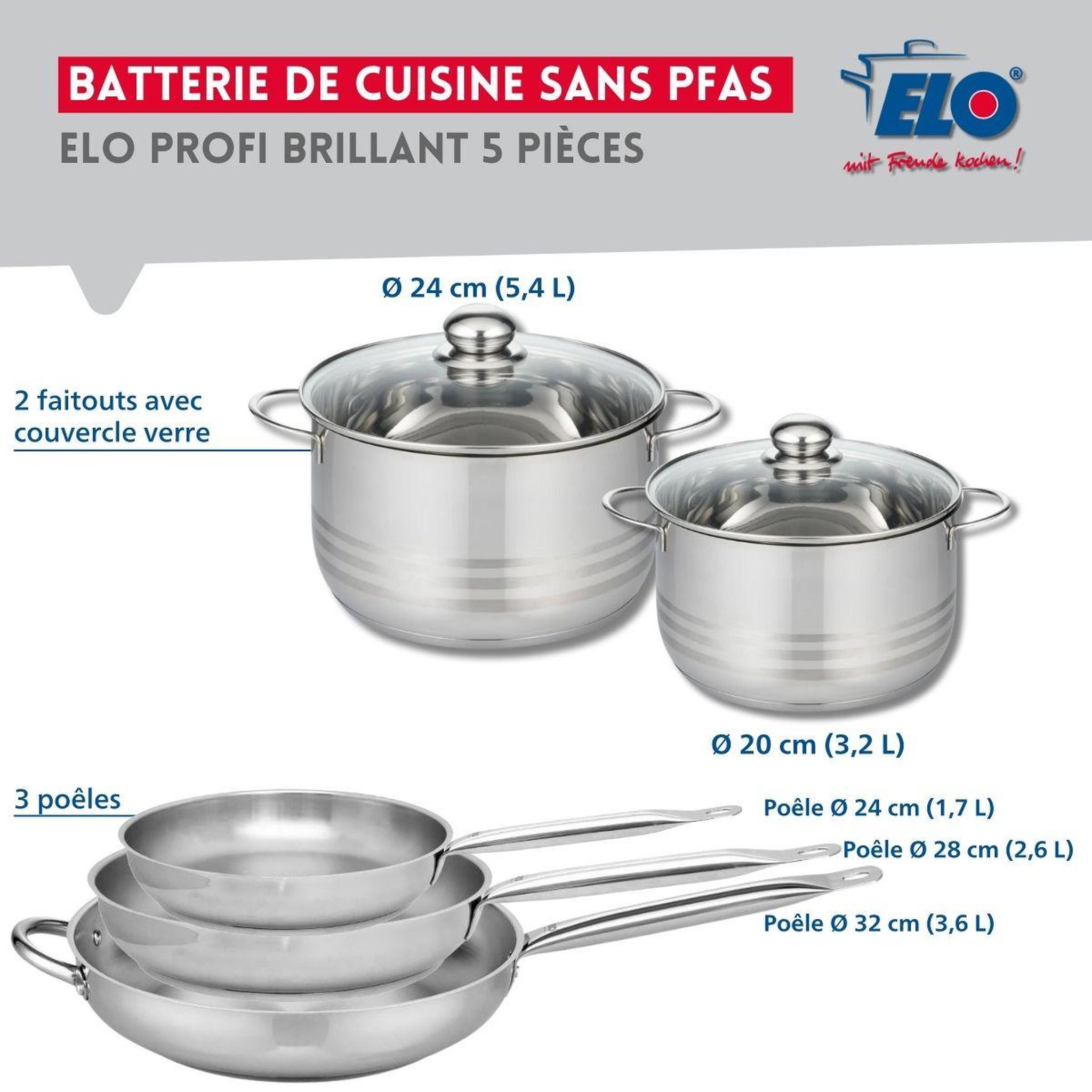 Voir la diapositive 2 : ELO Ensemble de 3 poêles de cuisson 24, 28 et 32 cm et 2 faitouts 20 et 24 cm elo profi brillant