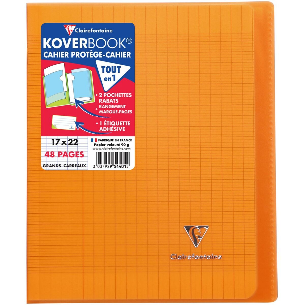 CLAIREFONTAINE Cahier piqué polypro Koverbook 17x22cm 48 pages grands carreaux Seyes orange transparent