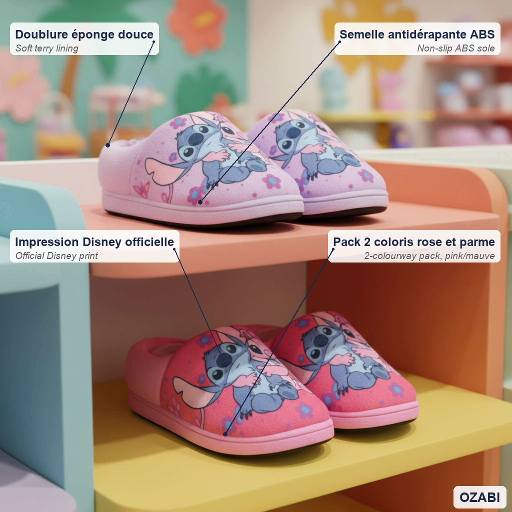 Voir la diapositive 5 : DISNEY Ozabi pack 2 paires chaussons fille disney stitch fourrés antidérapants