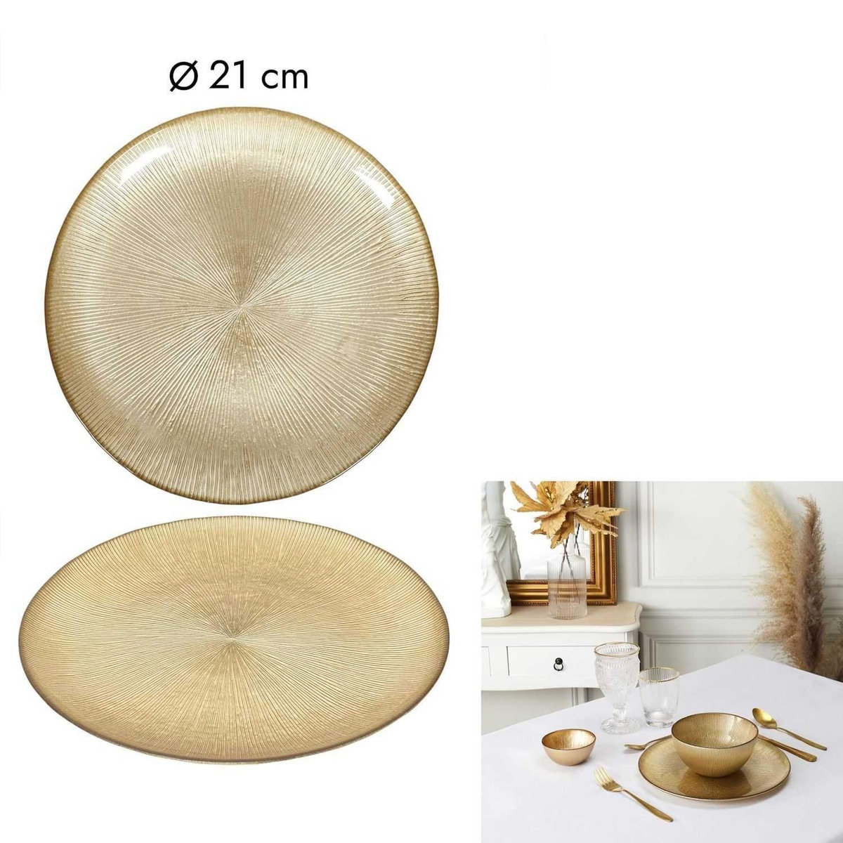 The Home Deco Factory Lot de 12 assiettes à dessert en verre MIRAGE - Diam 21 cm - Or
