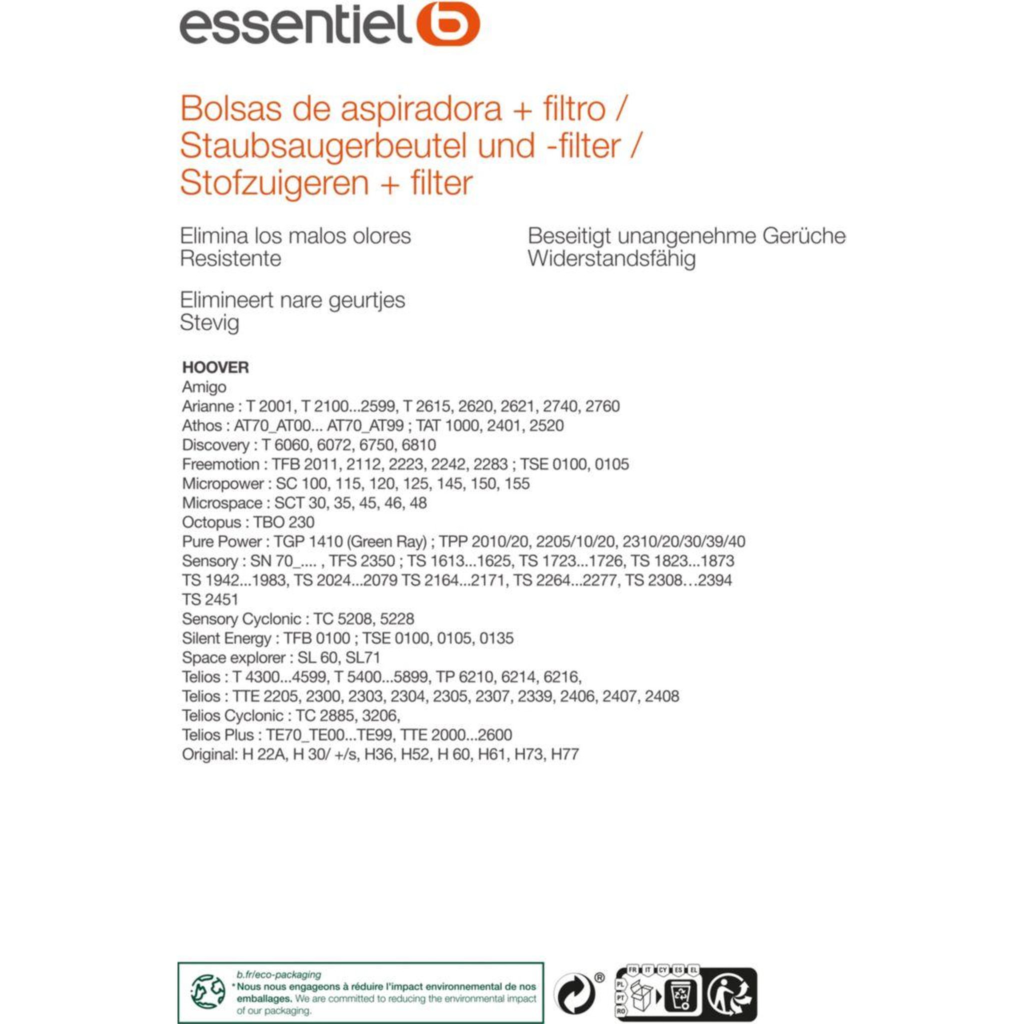 Voir la diapositive 2 : ESSENTIEL B Sac aspirateur eb3001