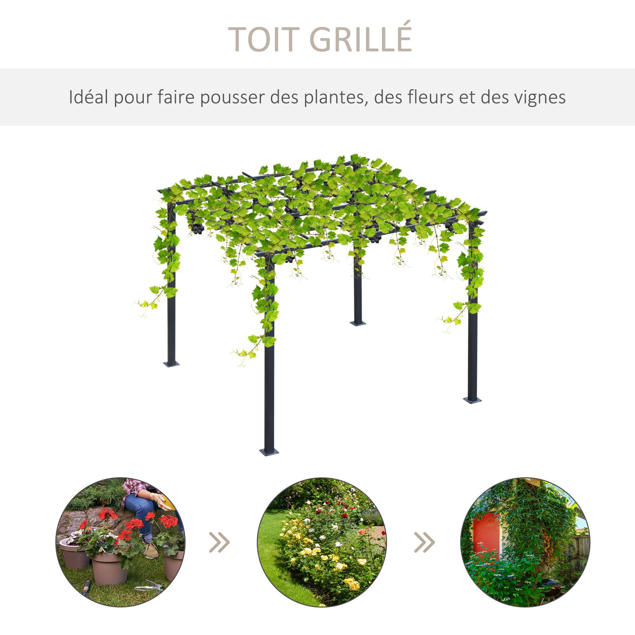 Voir la diapositive 4 : OUTSUNNY Pergola autoportante style contemporain - toit terrasse à décorer - dim. 3L x 3l x 2,3H m - métal époxy anticorrosion noir