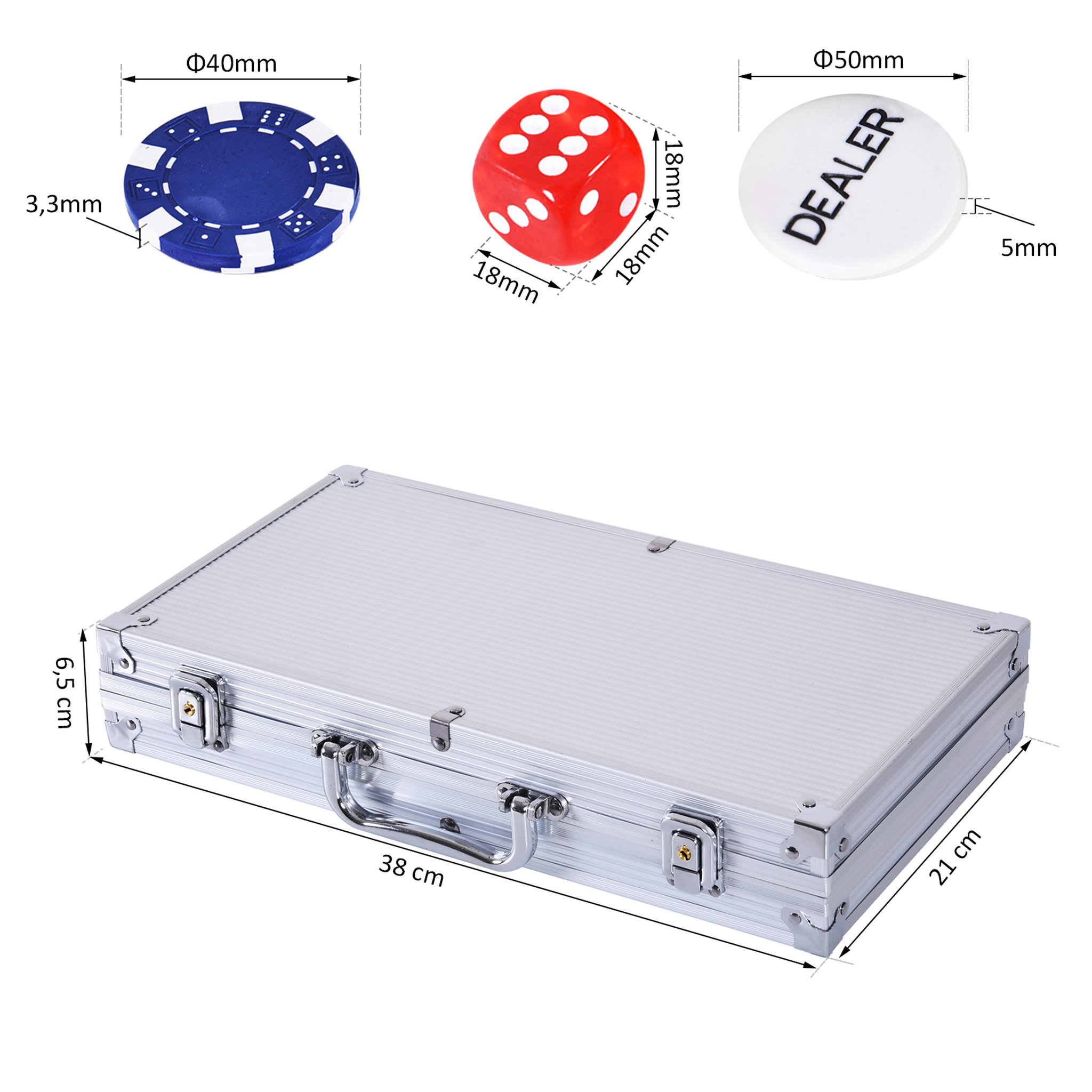 Voir la diapositive 3 : HOMCOM Mallette pro de poker coffret pro poker 38L x 21l x 6,5H cm 300 jetons 2 jeux de cartes + 2 clés aluminium