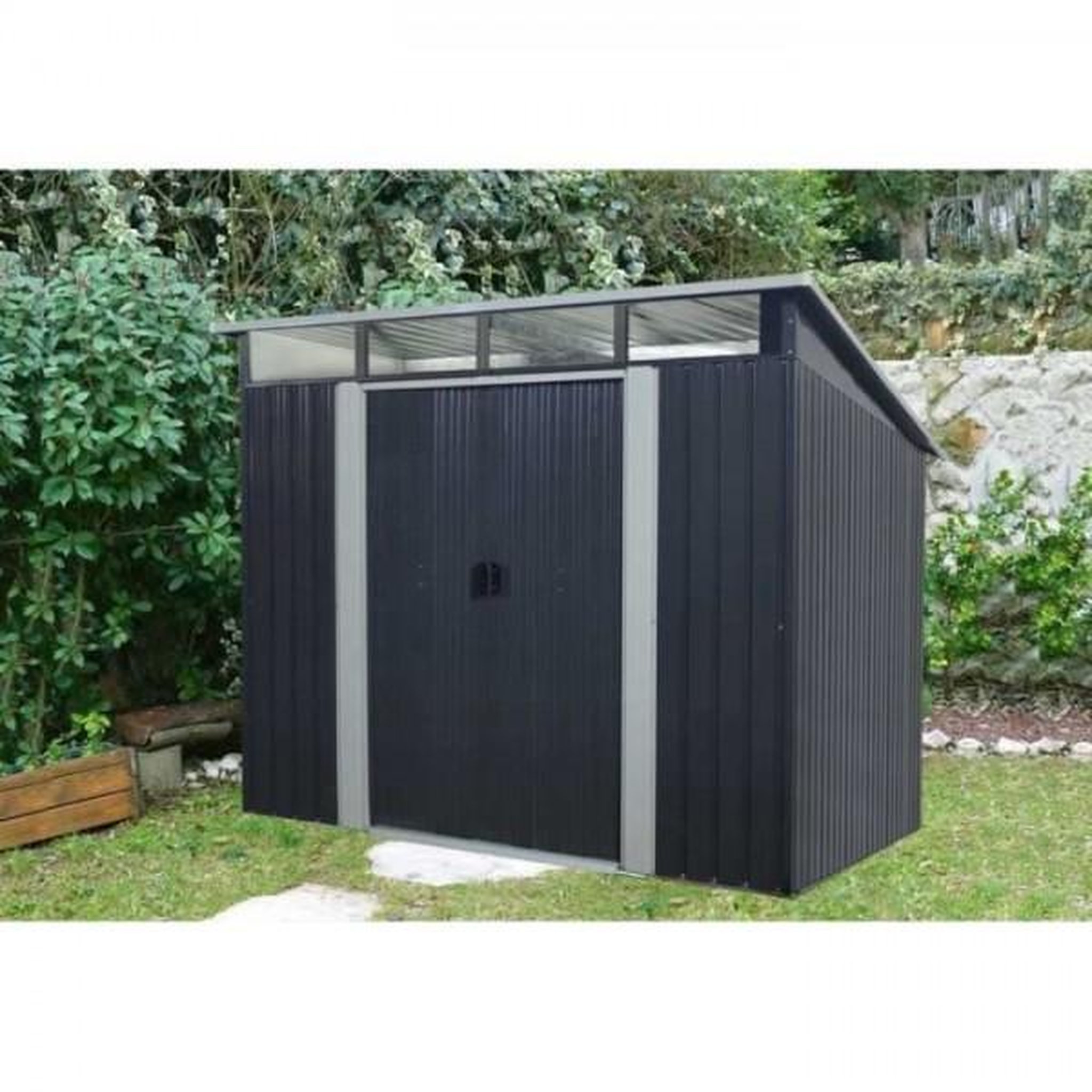 Voir la diapositive 2 : MARKET24 SOLER Abri de jardin en métal 4,61 m² - 238 x 193 x 202 cm - Kit d'ancrage inclus, 2 portes coulissantes - Gris
