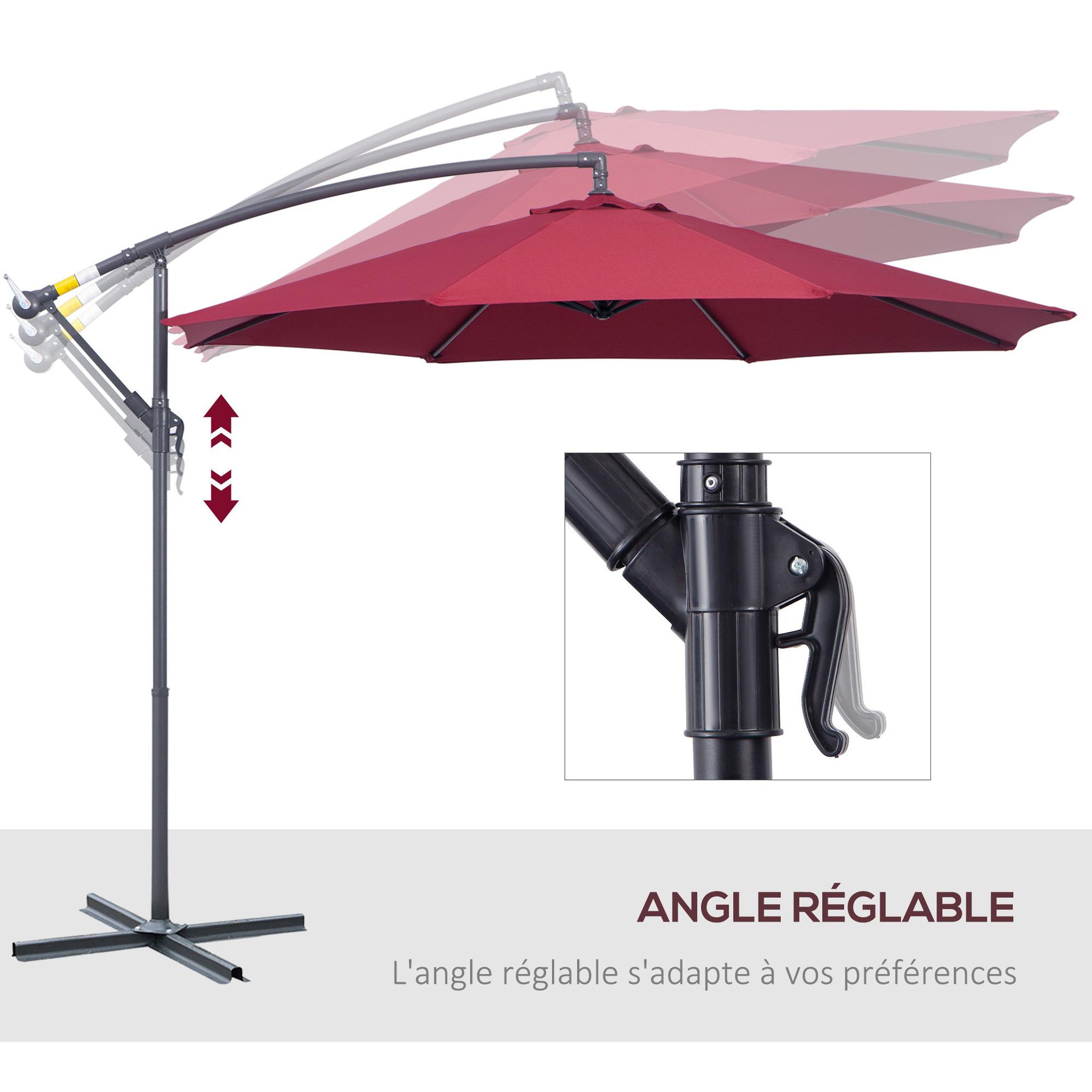 Voir la diapositive 5 : OUTSUNNY Parasol déporté octogonal à manivelle inclinable manivelle avec pied en acier diamètre 3 m rouge