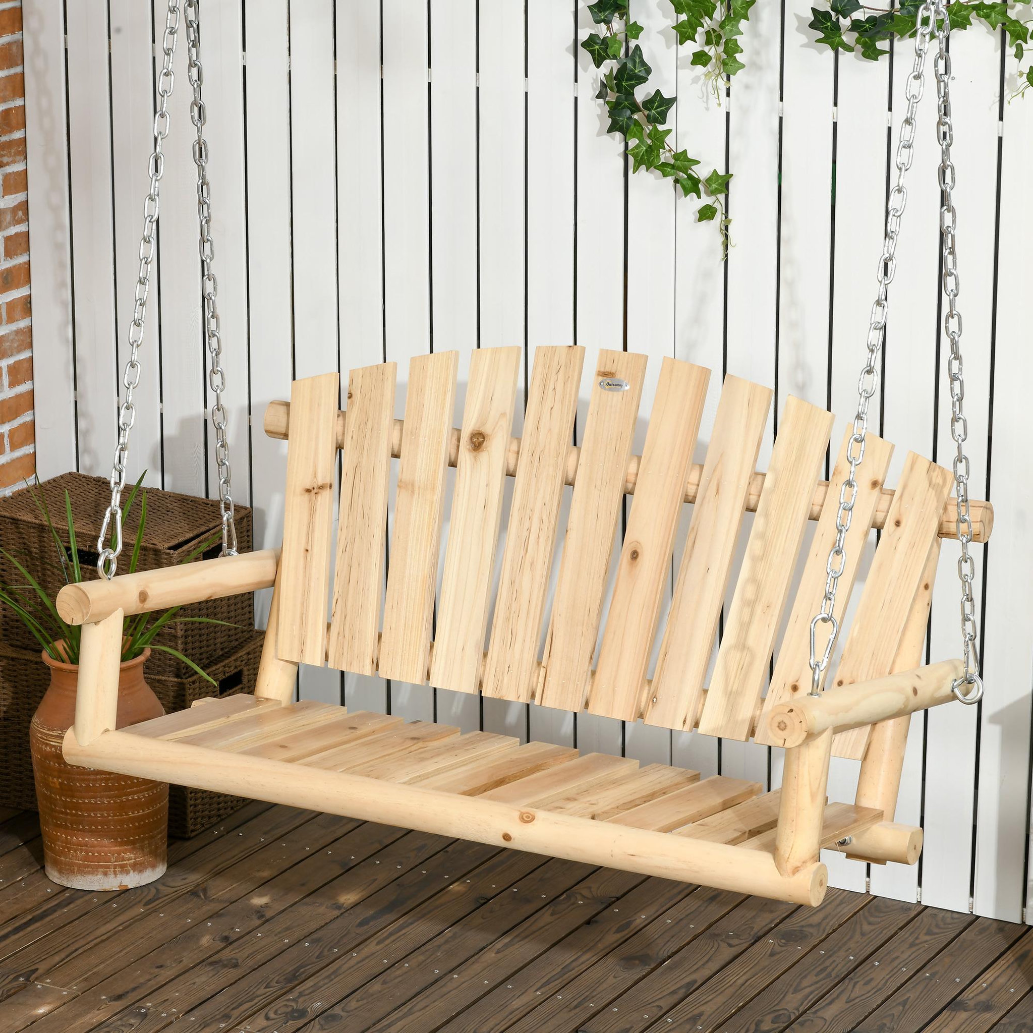 Voir la diapositive 2 : OUTSUNNY Banc suspendu 2 places charge max. 200 Kg - assise dossier à lattes, chaînes incluses - bois