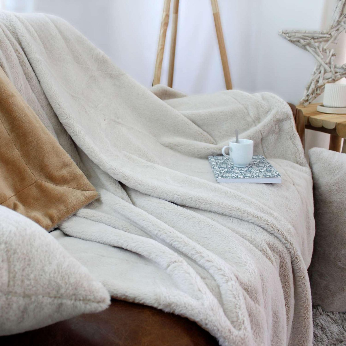 TOILINUX Couverture AZURA douce 2 tons et flanelle - 220 x 180 cm - Beige