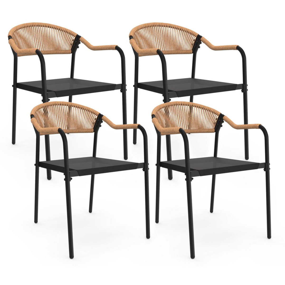 ID MARKET Lot de 4 chaises de jardin MADEIRA métal, cordage et textilène noir et rotin clair
