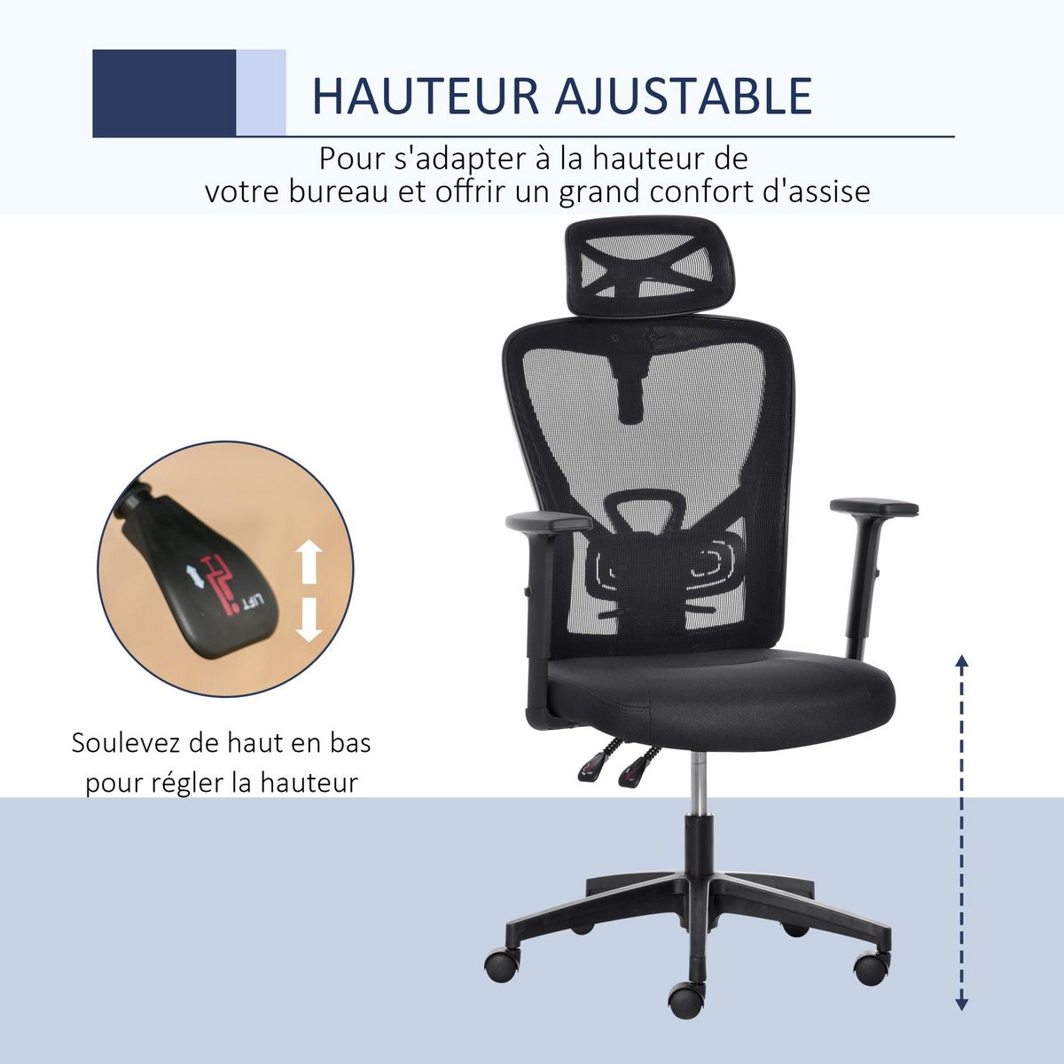 VINSETTO Fauteuil de bureau manager grand confort dossier ergonomique inclinable hauteur assise réglable pivotant tissu maille noir