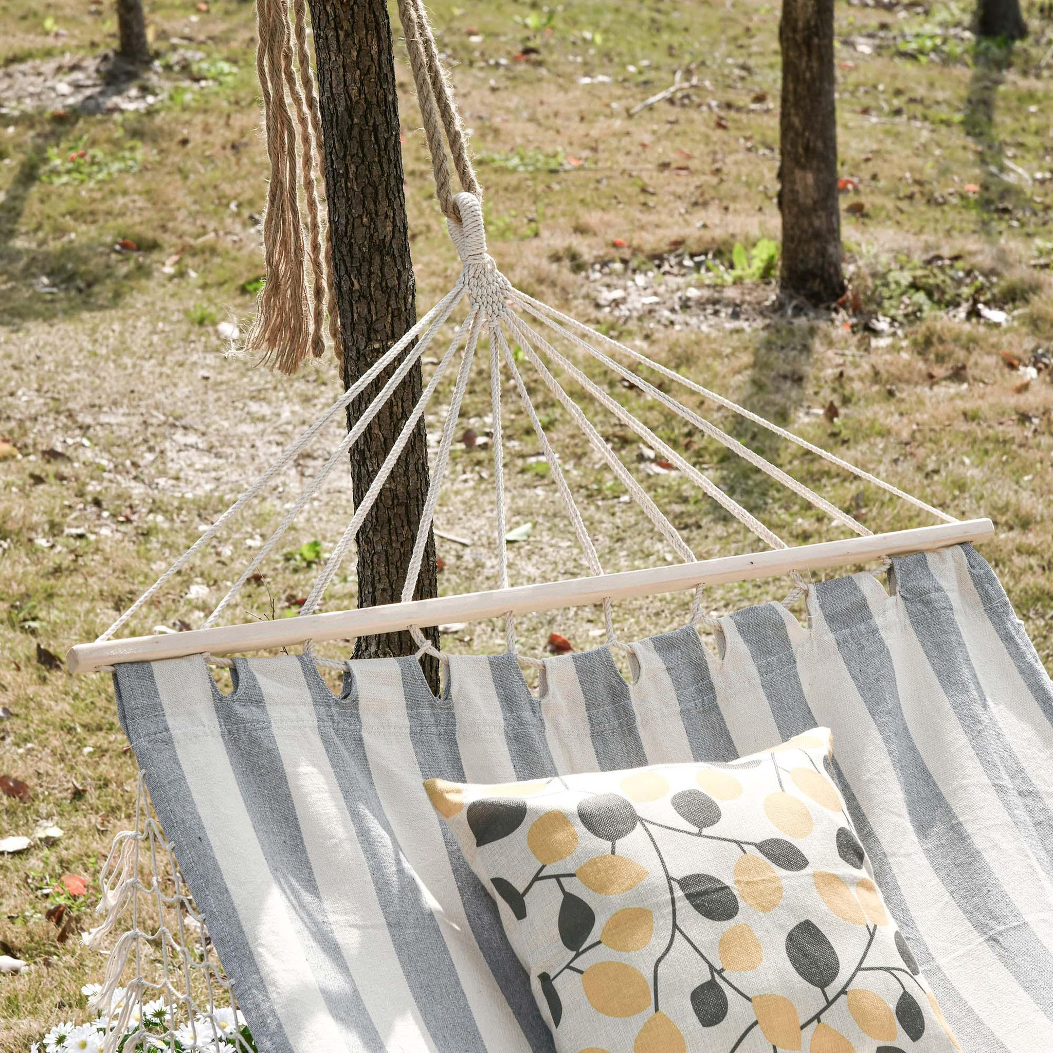 Voir la diapositive 5 : OUTSUNNY Hamac de voyage portable style hippie chic toile de hamac dim. 2L x 1l m coton polyester gris écru rayé