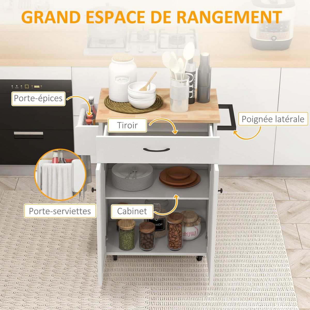 HOMCOM Desserte de cuisine - tiroir, 2 portes, étagère, porte-épices - MDF blanc plateau bois hévéa verni