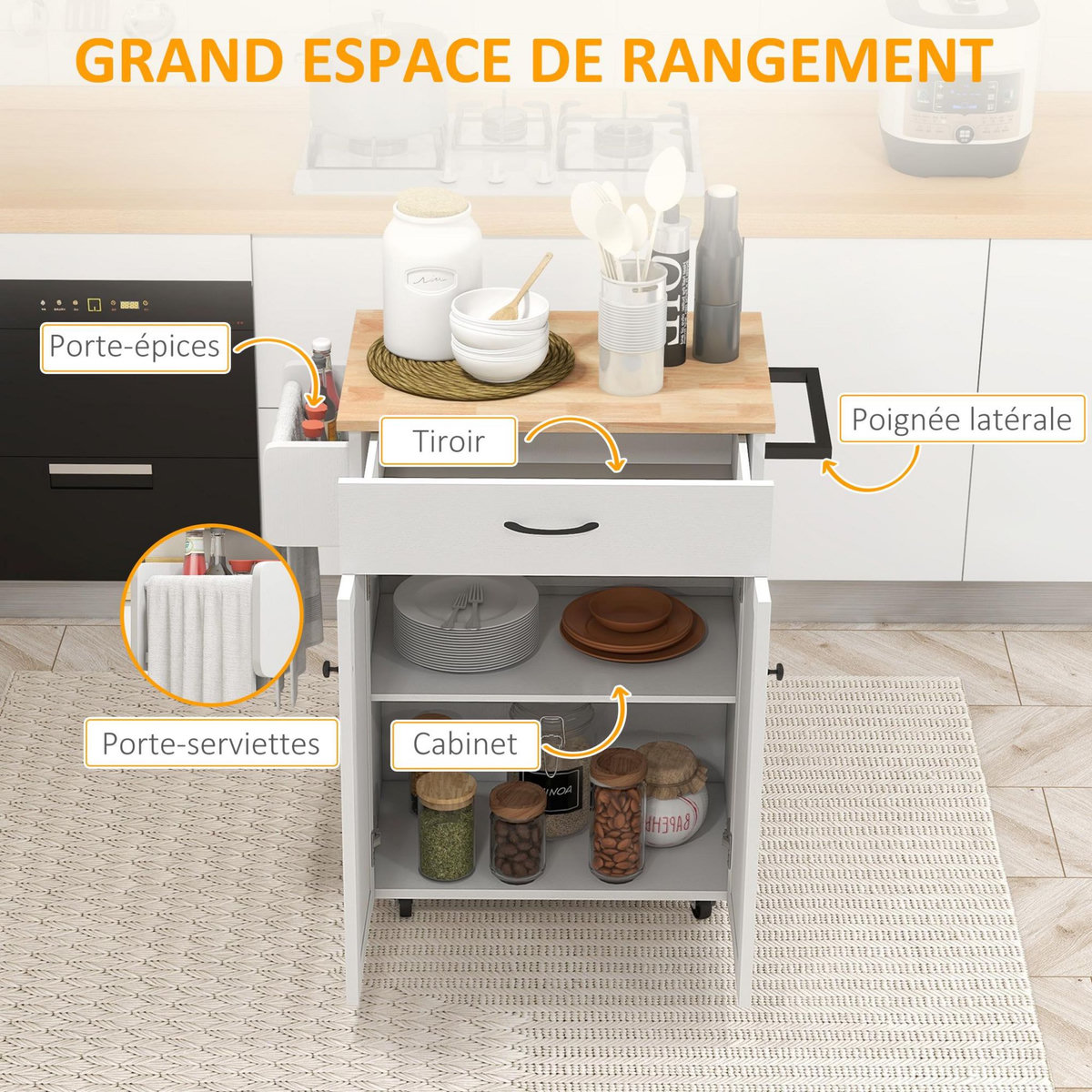 HOMCOM Desserte de cuisine - tiroir, 2 portes, étagère, porte-épices - MDF blanc plateau bois hévéa verni