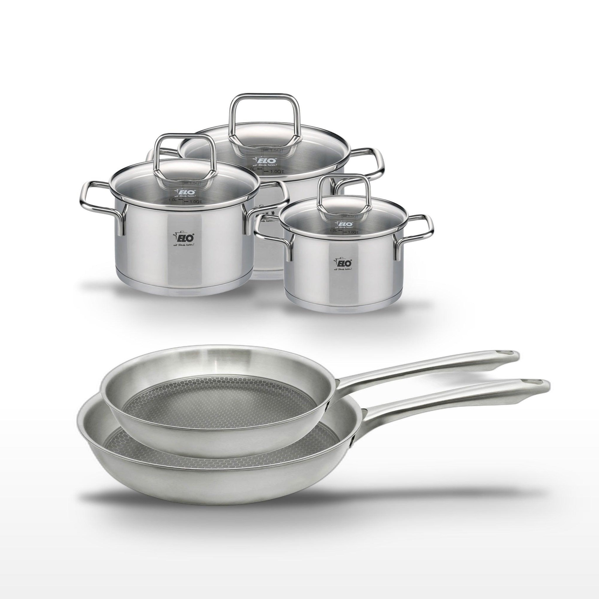 ELO Lot de 2 poêles 24/28 cm et 3 faitouts 12/14/16 cm elo relief passion