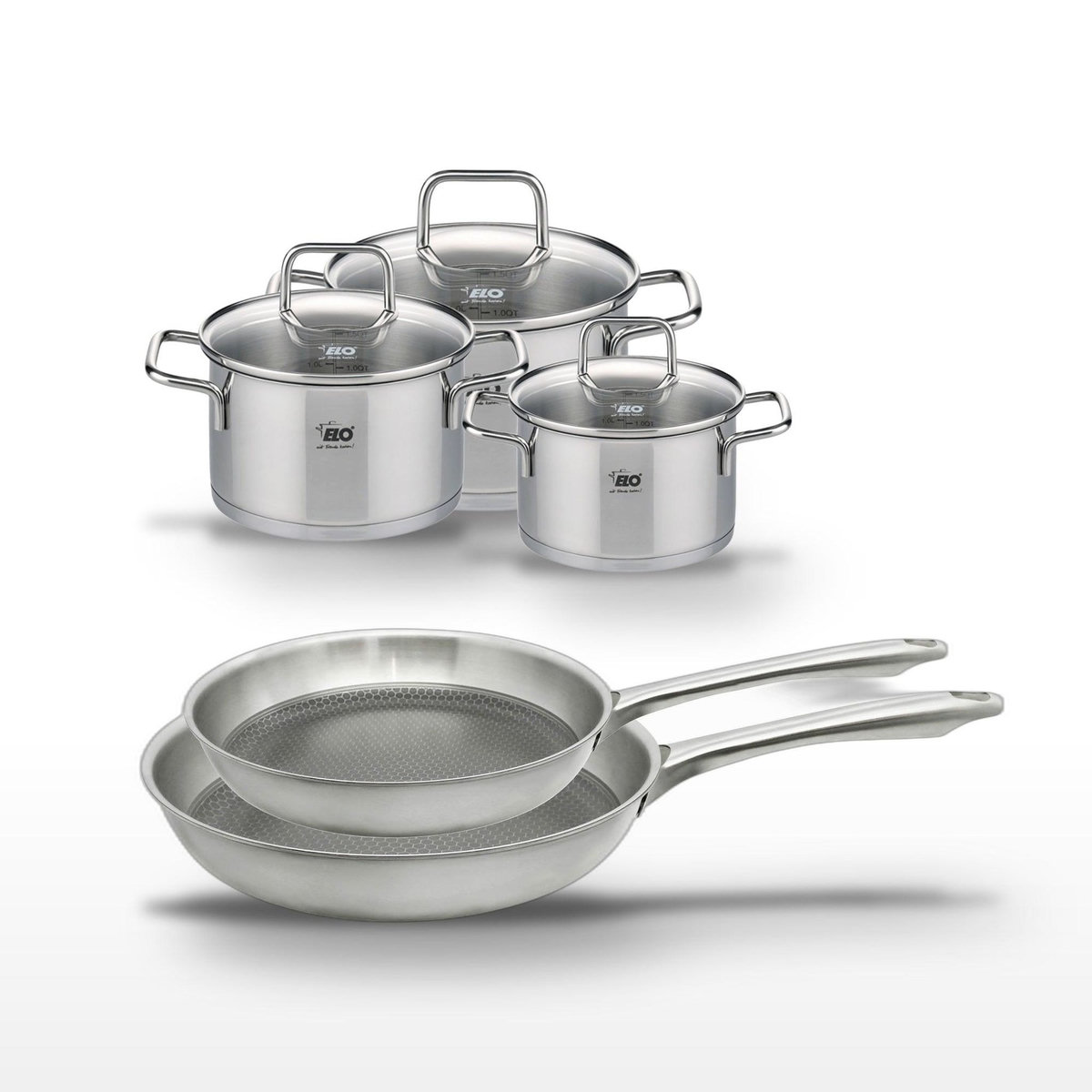 ELO Lot de 2 poêles 24/28 cm et 3 faitouts 12/14/16 cm Elo Relief Passion