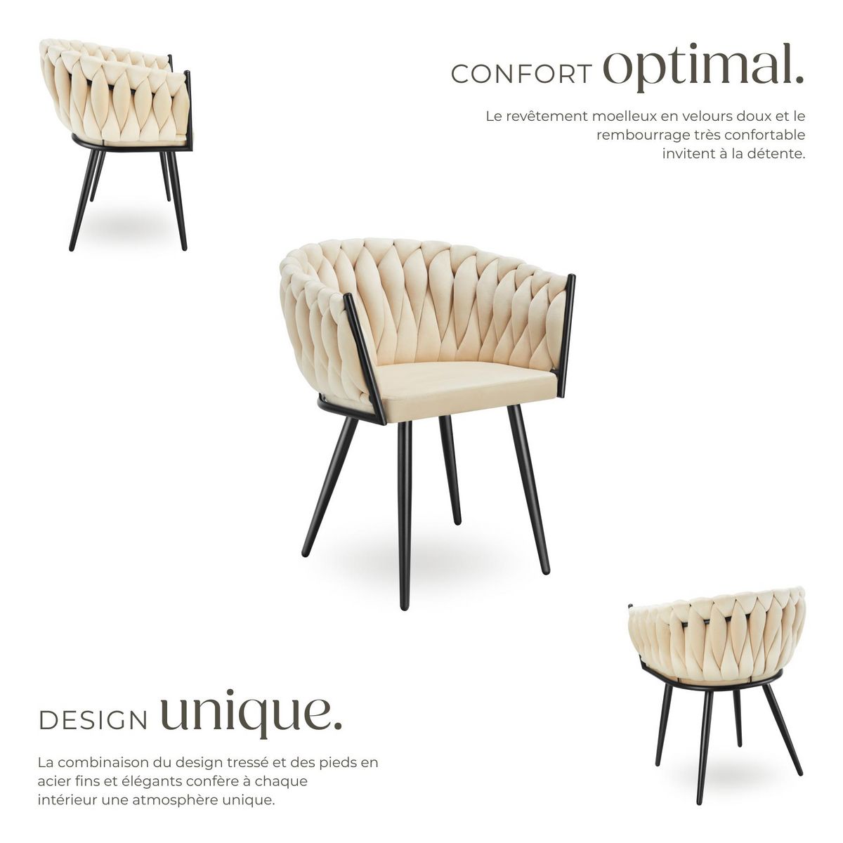 tectake Lot de chaises de salle à manger rembourrée avec revêtement en velours et design noué sable Lot de 4