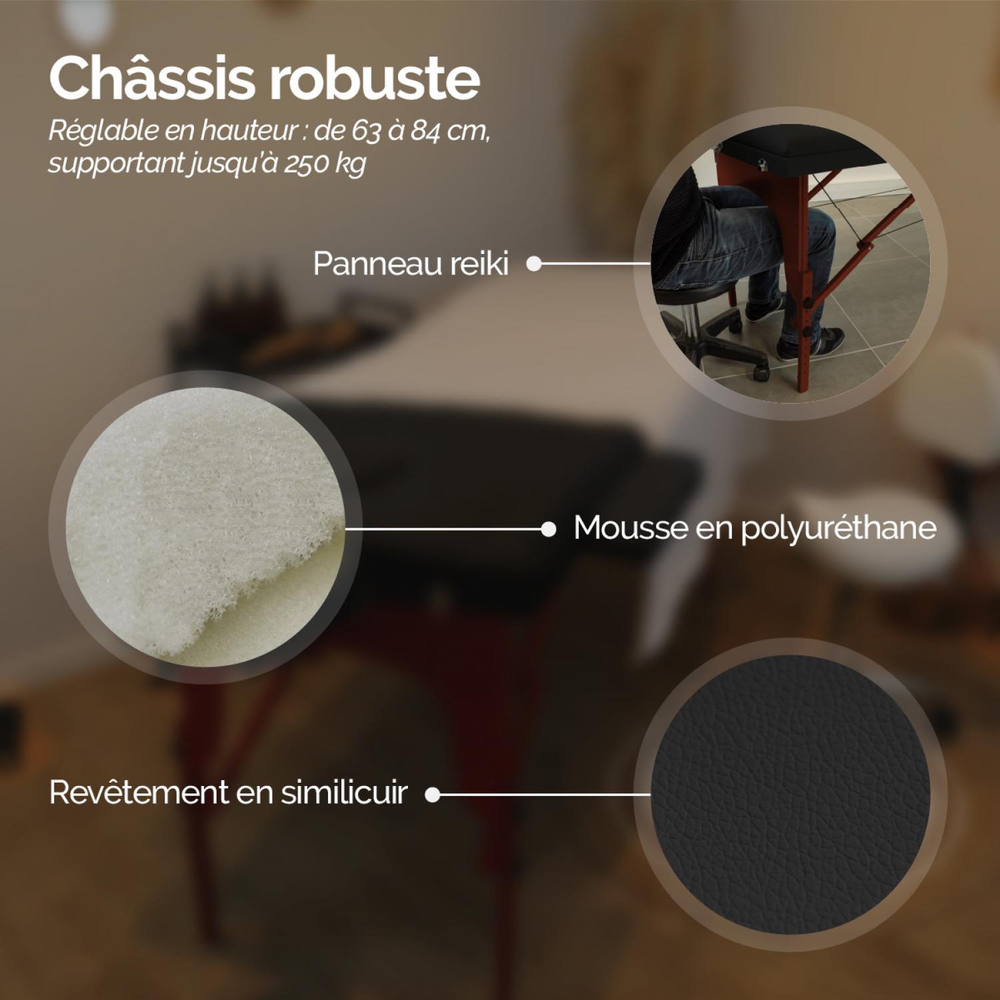 Voir la diapositive 5 : VIVEZEN Table de massage pliante 2 zones en bois foncé avec panneau Reiki + Accessoires et housse de transport - Noir