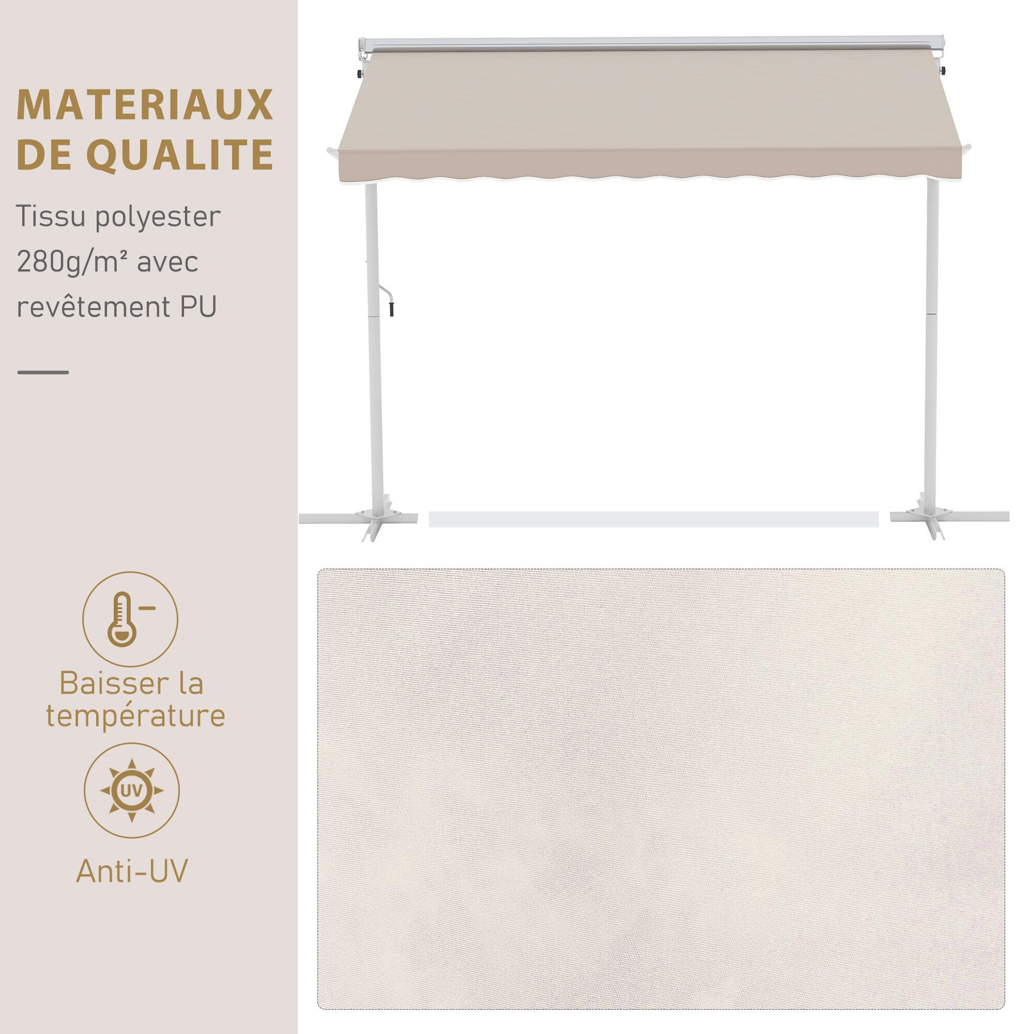 Voir la diapositive 4 : OUTSUNNY Store double pente manuel rétractable inclinaison réglable acier époxy blanc polyester imperméabilisé anti-UV beige dim. 3L x 2,95l x 2,6H m