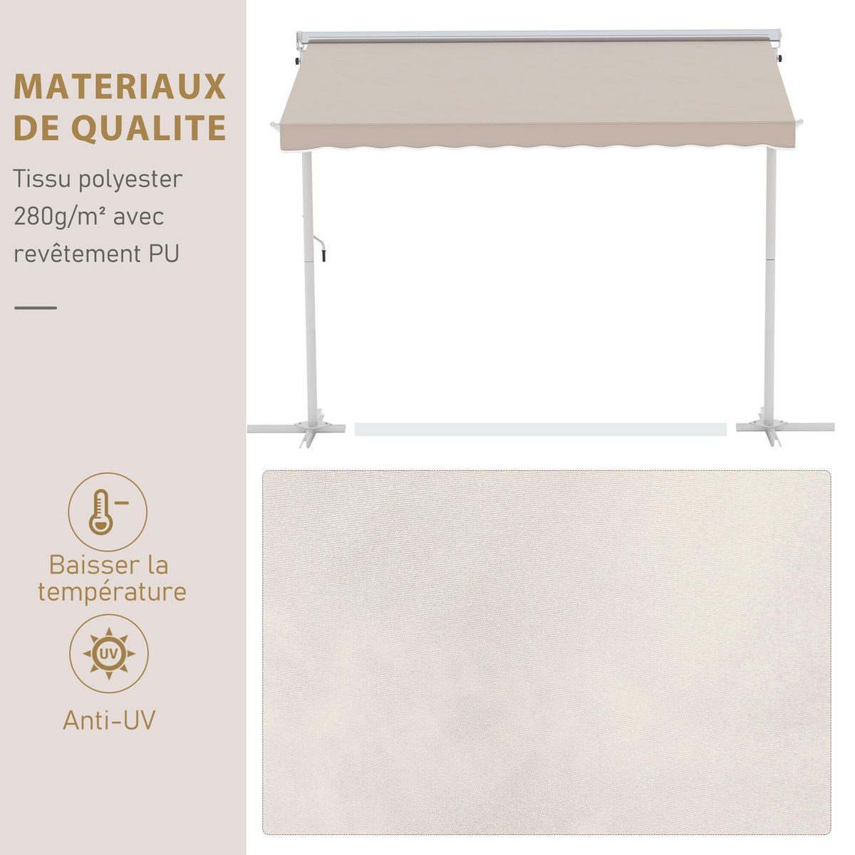 OUTSUNNY Store double pente manuel rétractable inclinaison réglable acier époxy blanc polyester imperméabilisé anti-UV beige dim. 3L x 2,95l x 2,6H m