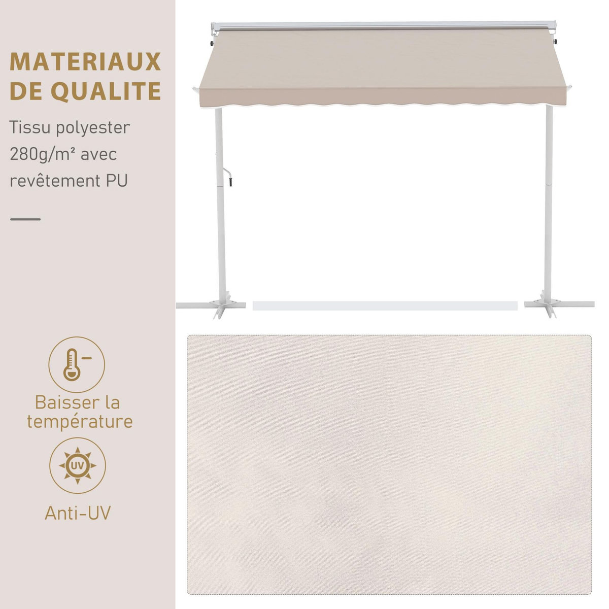 OUTSUNNY Store double pente manuel rétractable inclinaison réglable acier époxy blanc polyester imperméabilisé anti-UV beige dim. 3L x 2,95l x 2,6H m
