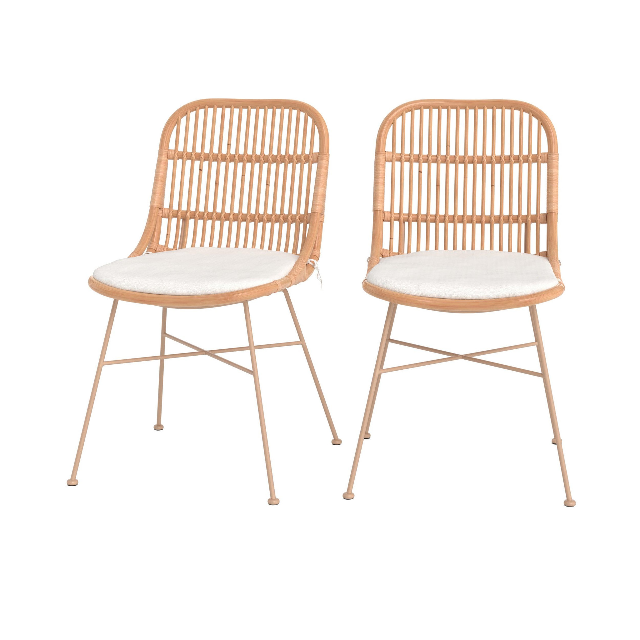 Voir la diapositive 1 : MAISON PAVANE Lot de 2 chaises en rotin beige et pieds en métal beige-moon