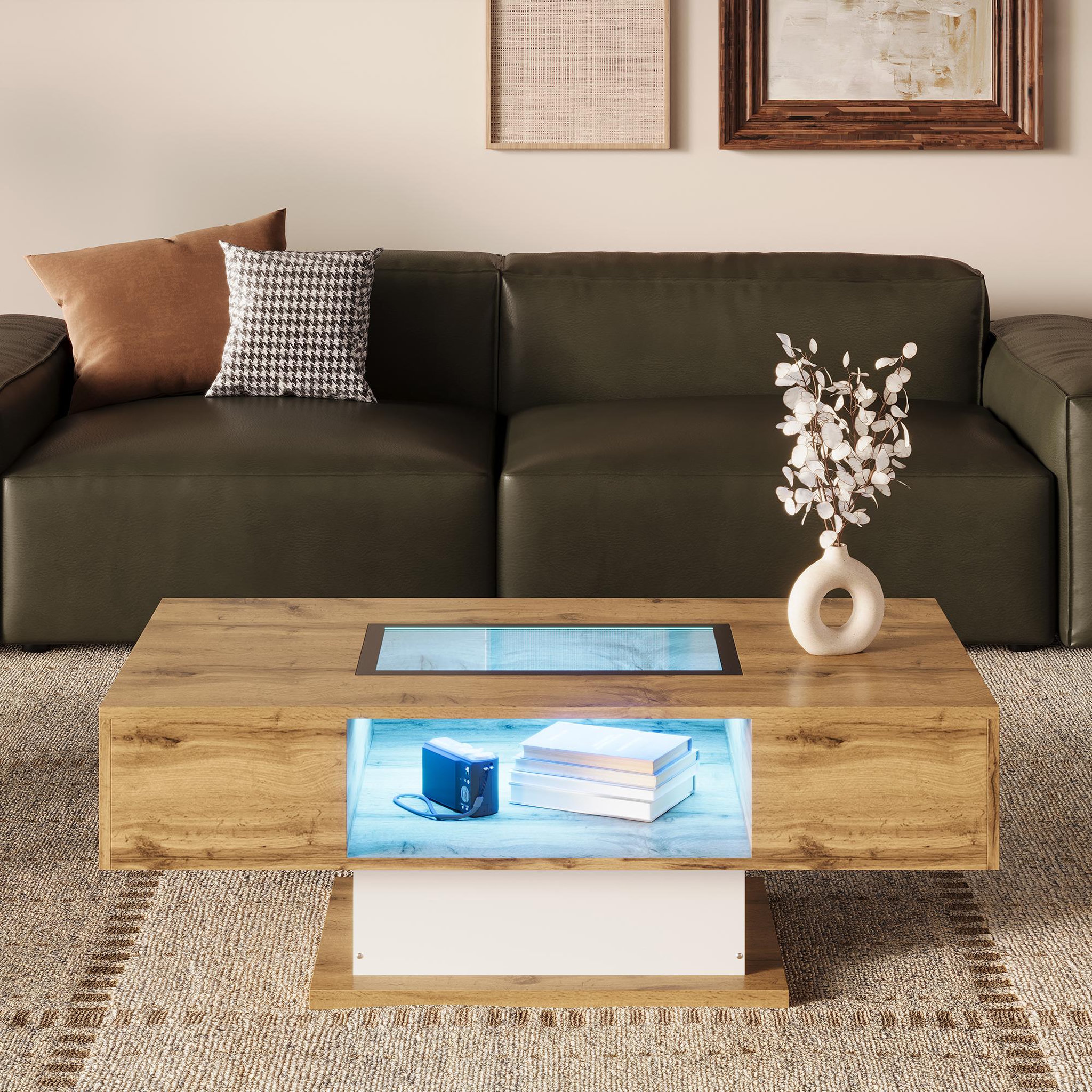 Voir la diapositive 2 : MERAX Table Basse Avec 2 Tiroirs, 1 Nich Et LED