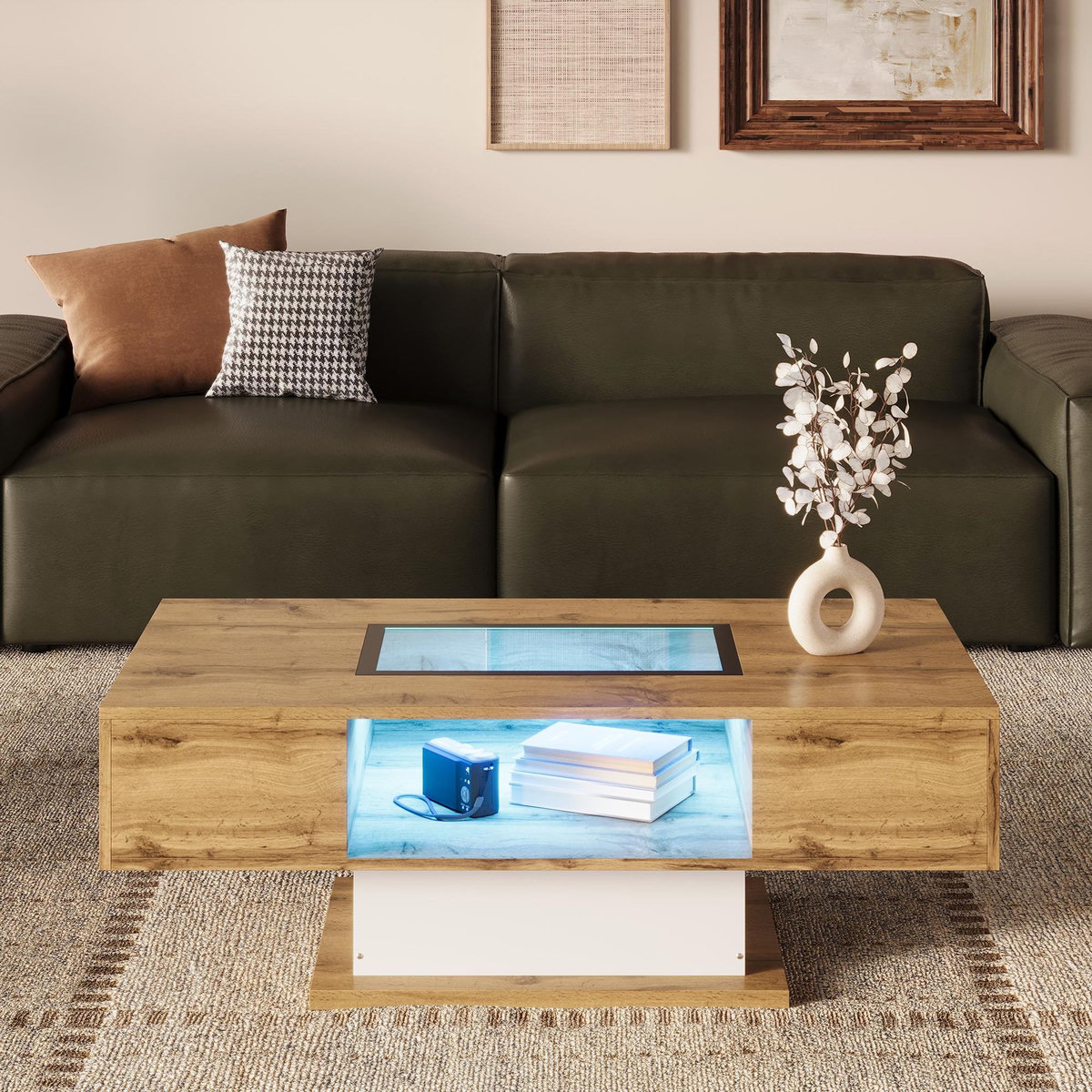 MERAX Table Basse Avec 2 Tiroirs, 1 Nich Et LED