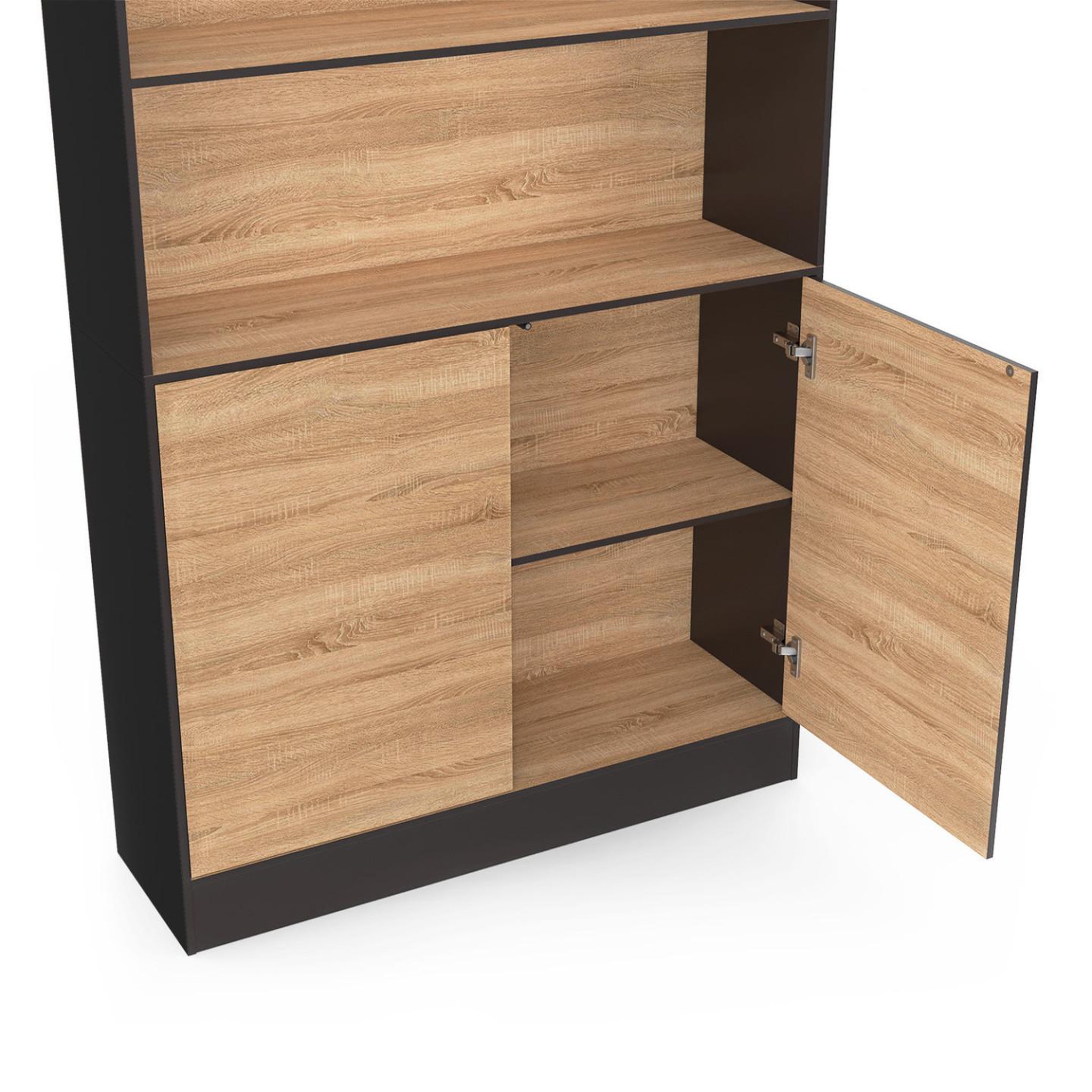 Voir la diapositive 6 : ID MARKET Etagère bibliothèque carla 3 niveaux xxl 1 placard noir et effet bois 190 cm