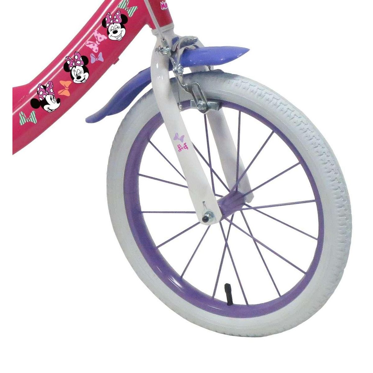 Disney Minnie Vélo enfant - Modèle 16'' Minnie de Disney pour enfant de 105/120 cm avec stabilisateurs - Panier avant - Porte poupée arrière - 2 freins et pneus gonflables