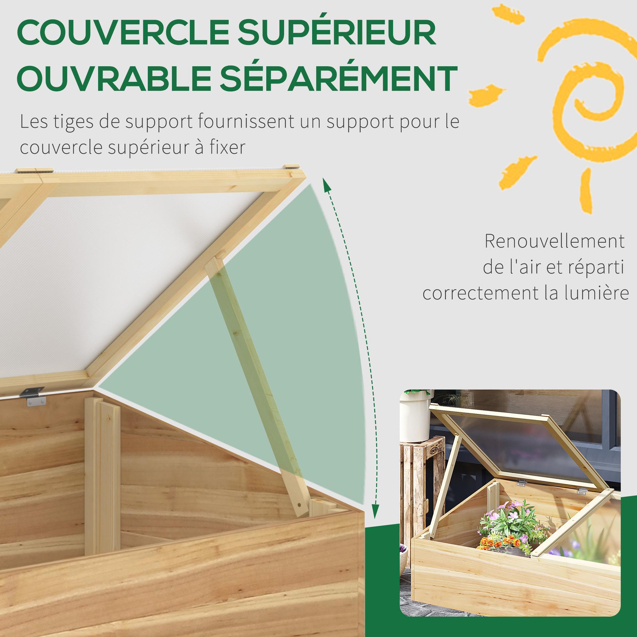 Voir la diapositive 4 : OUTSUNNY Mini serre de jardin serre pour semis dim. 100l x 50l x 36h cm toit 2 pans ouvrables séparement panneaux de polycarbonate bois sapin pré-huilé