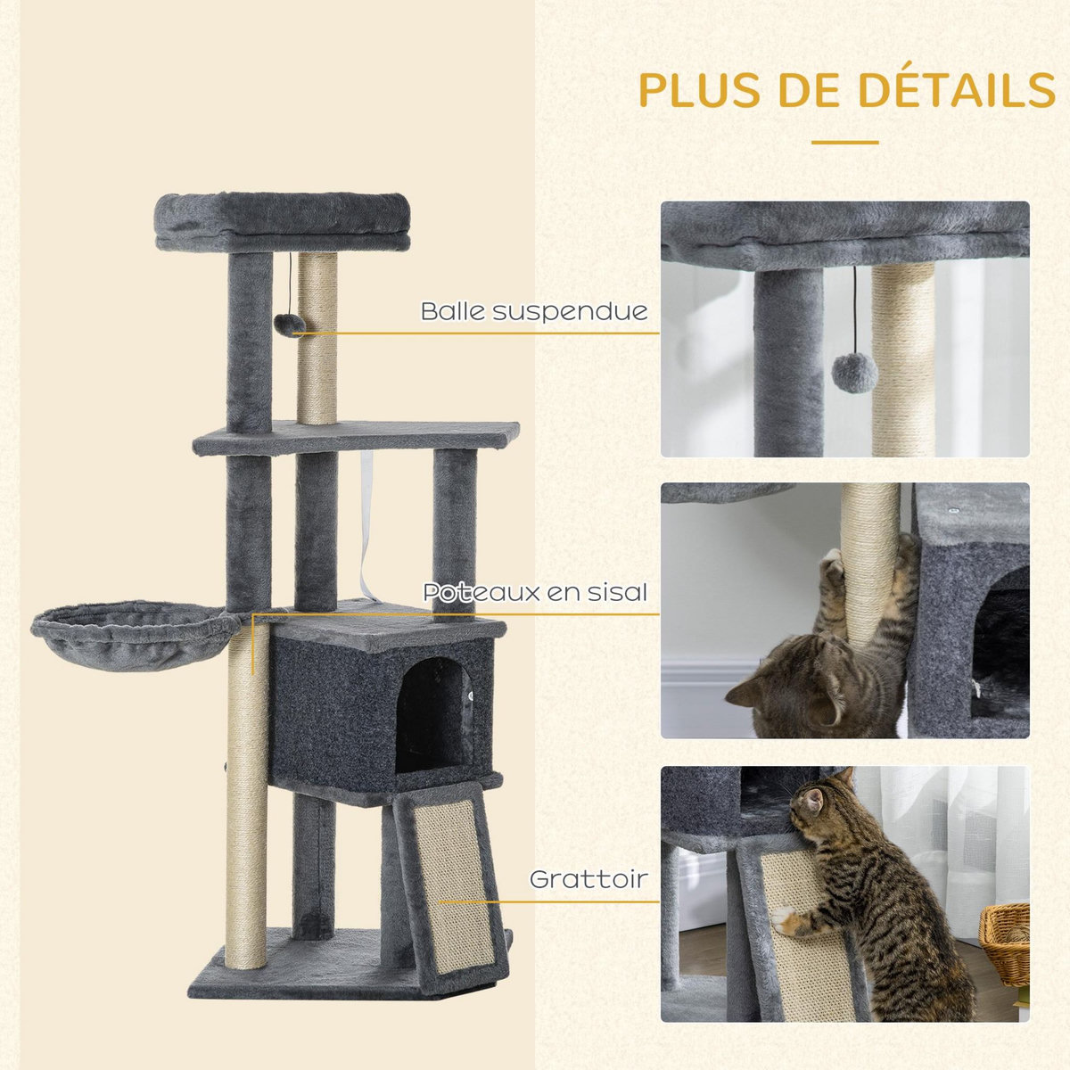 PAWHUT Arbre à chat multi-équipement griffoirs grattoirs plateforme niche hamac jeu boule suspendue gris
