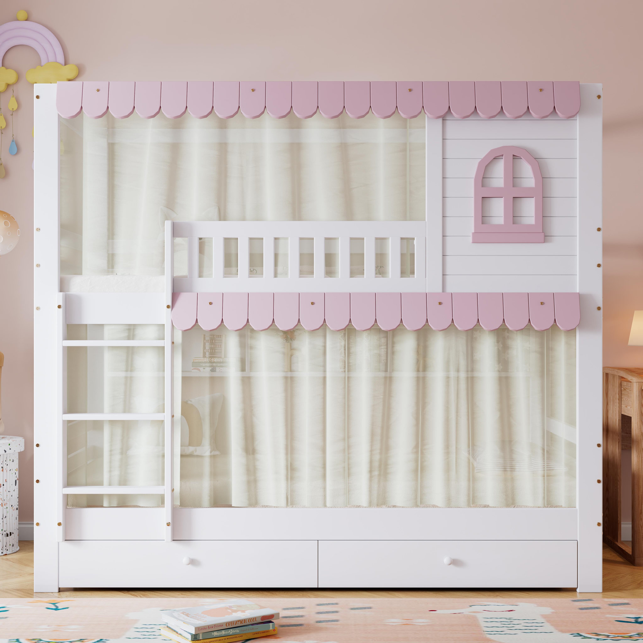 Voir la diapositive 2 : MERAX Lit superposé 90x200cm bois et mdf coloris blanc+rose