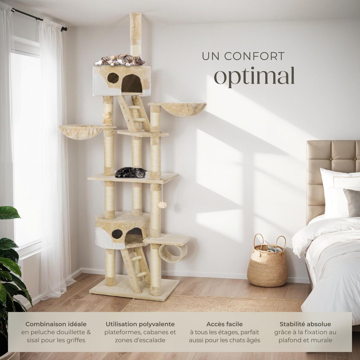 tectake Arbre à chat 243 à 260 cm avec griffoir et plateforme d'escalade beige/blanc