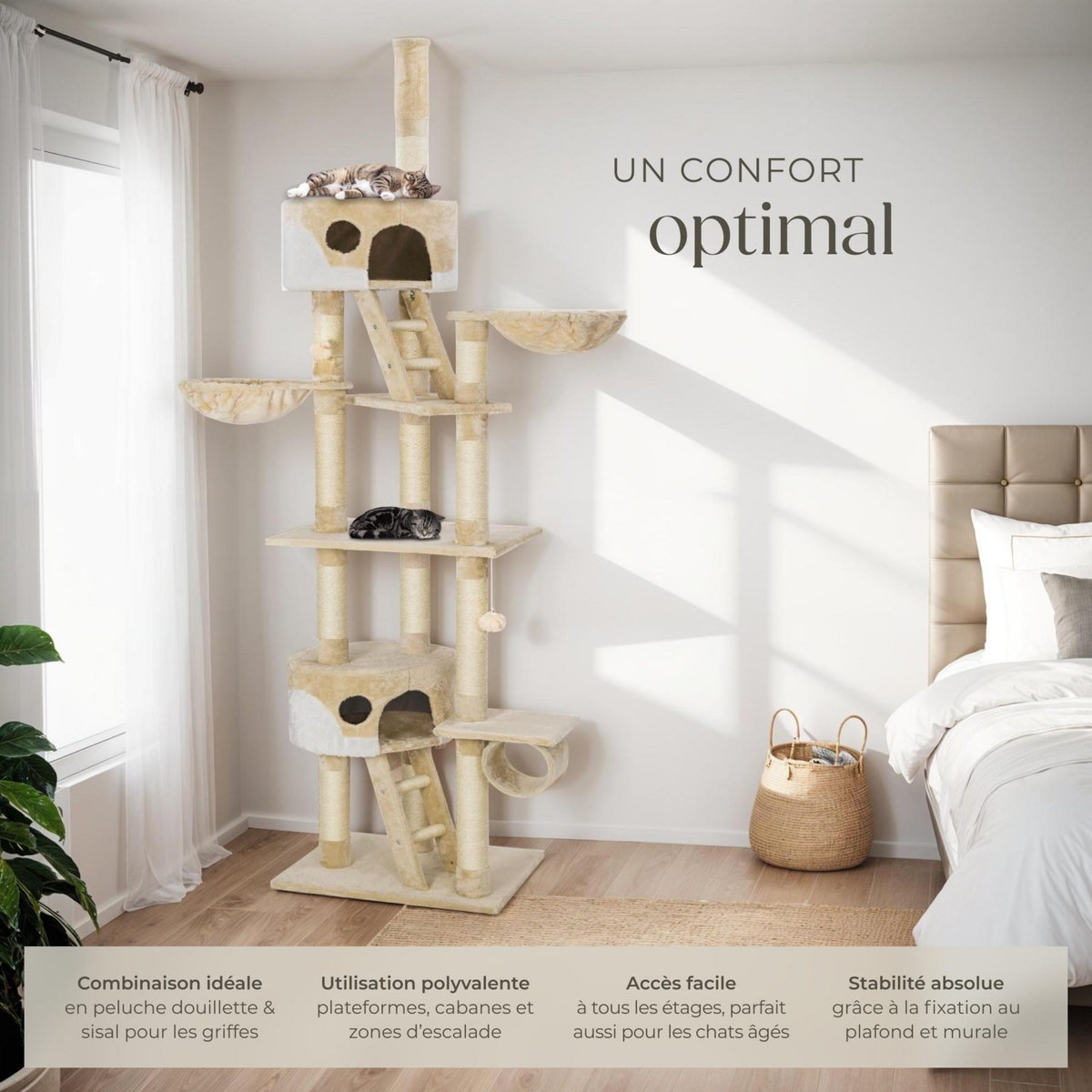 tectake Arbre à chat 243 à 260 cm avec griffoir et plateforme d'escalade beige/blanc