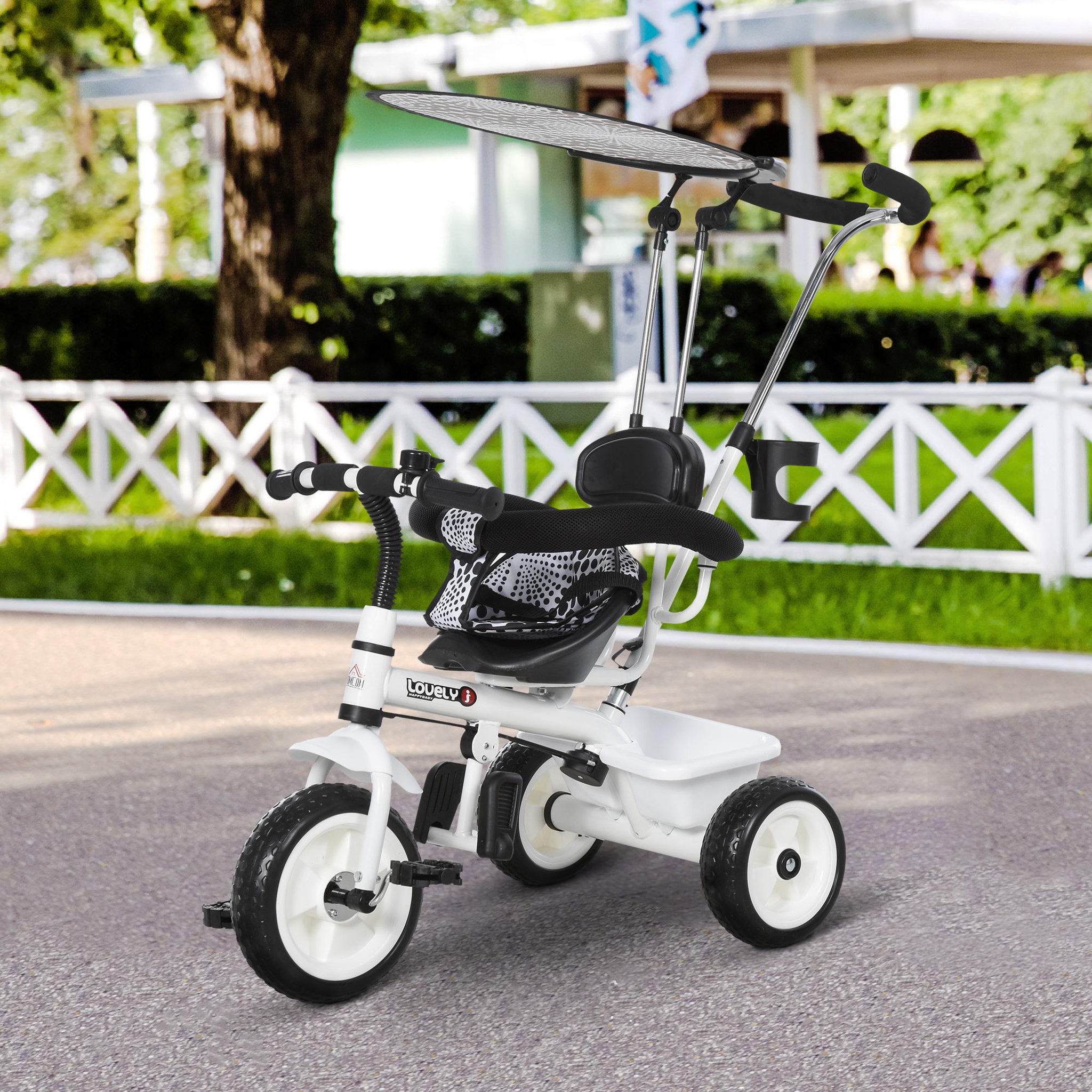 Voir la diapositive 2 : HOMCOM Tricycle enfants pare-soleil pliable canne amovible benne rangement 103 x 47 x 101 cm acier blanc et noir