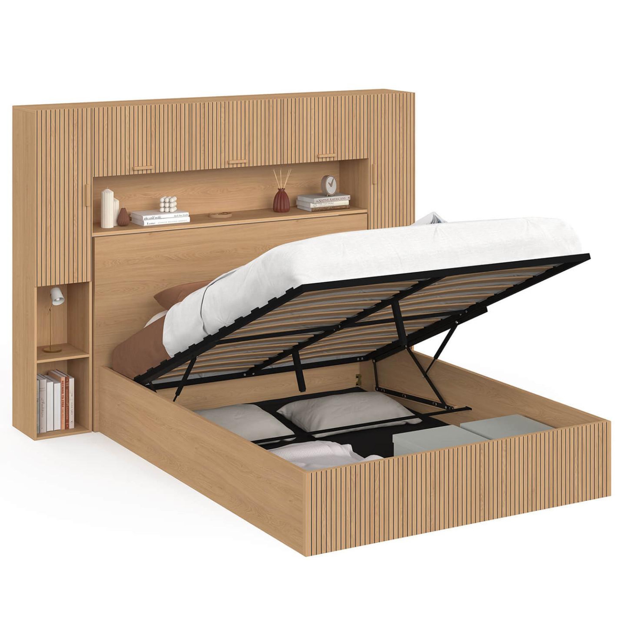 ID MARKET Lit pont coffre double JULIETTE armoire avec rangements et sommier 140 x 190 cm effet lattes tasseau de bois