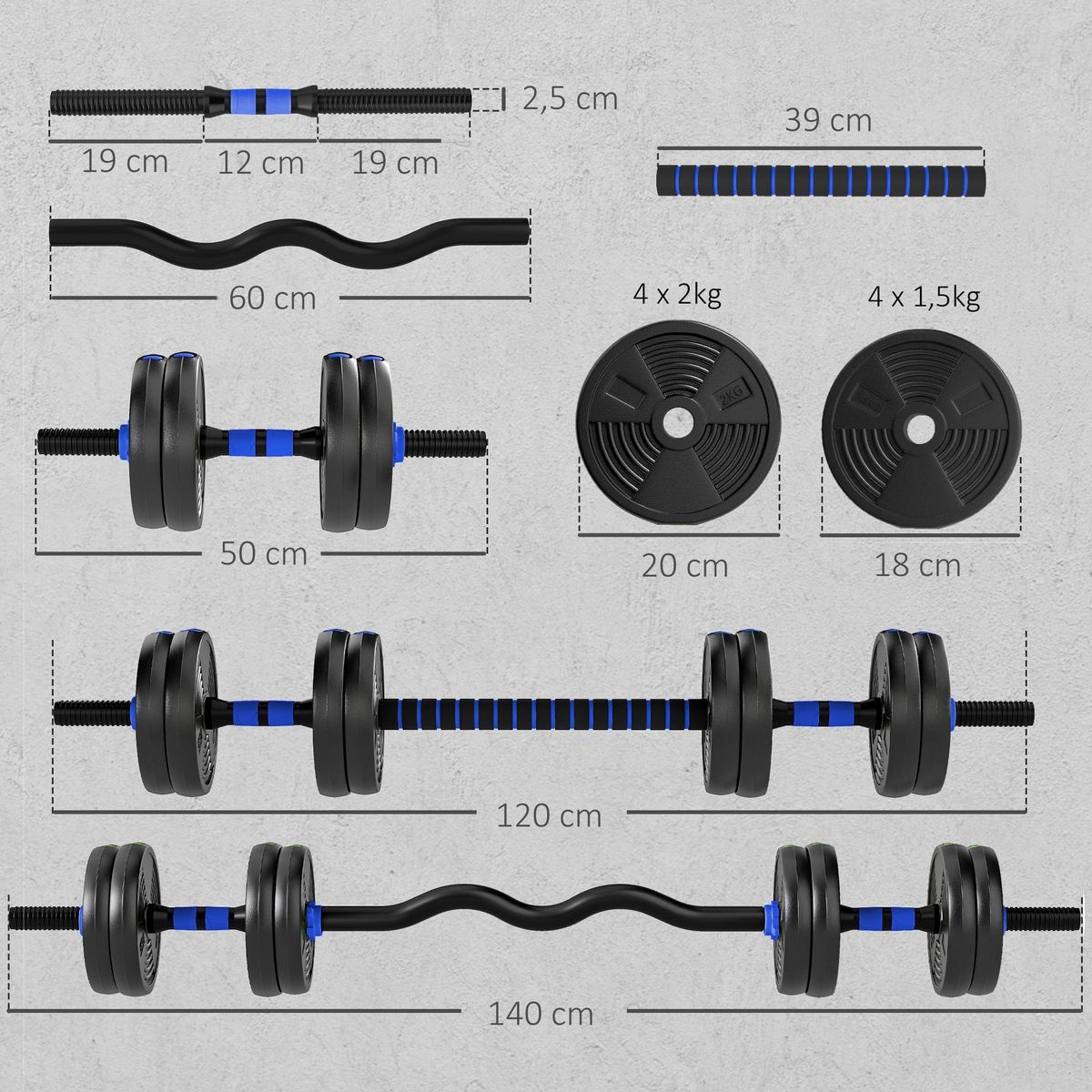 HOMCOM Ensemble d'haltères musculation multifonction 3 en 1 - haltères, Olympic barre, Curl EZ barre - total 15Kg - PVC bleu noir