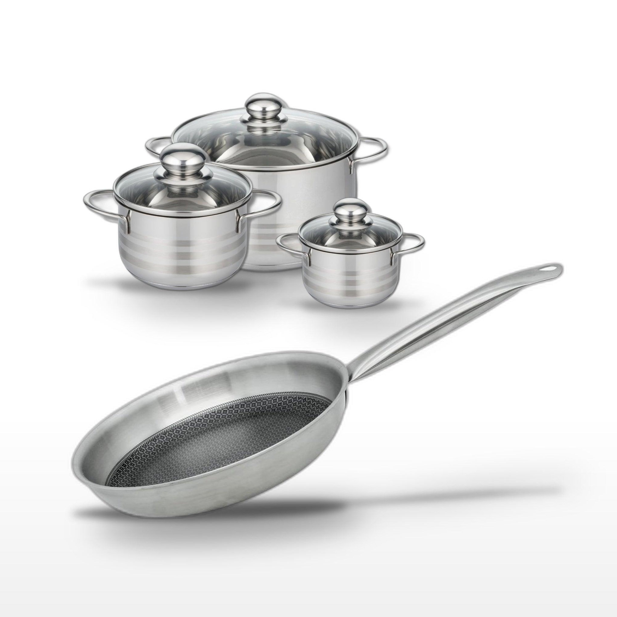 ELO Batterie de cuisine avec 3 faitouts 12/16/20 cm et 1 poêle de cuisson 28 cm en inox et acier sans pfas elo collection relief solution brillant