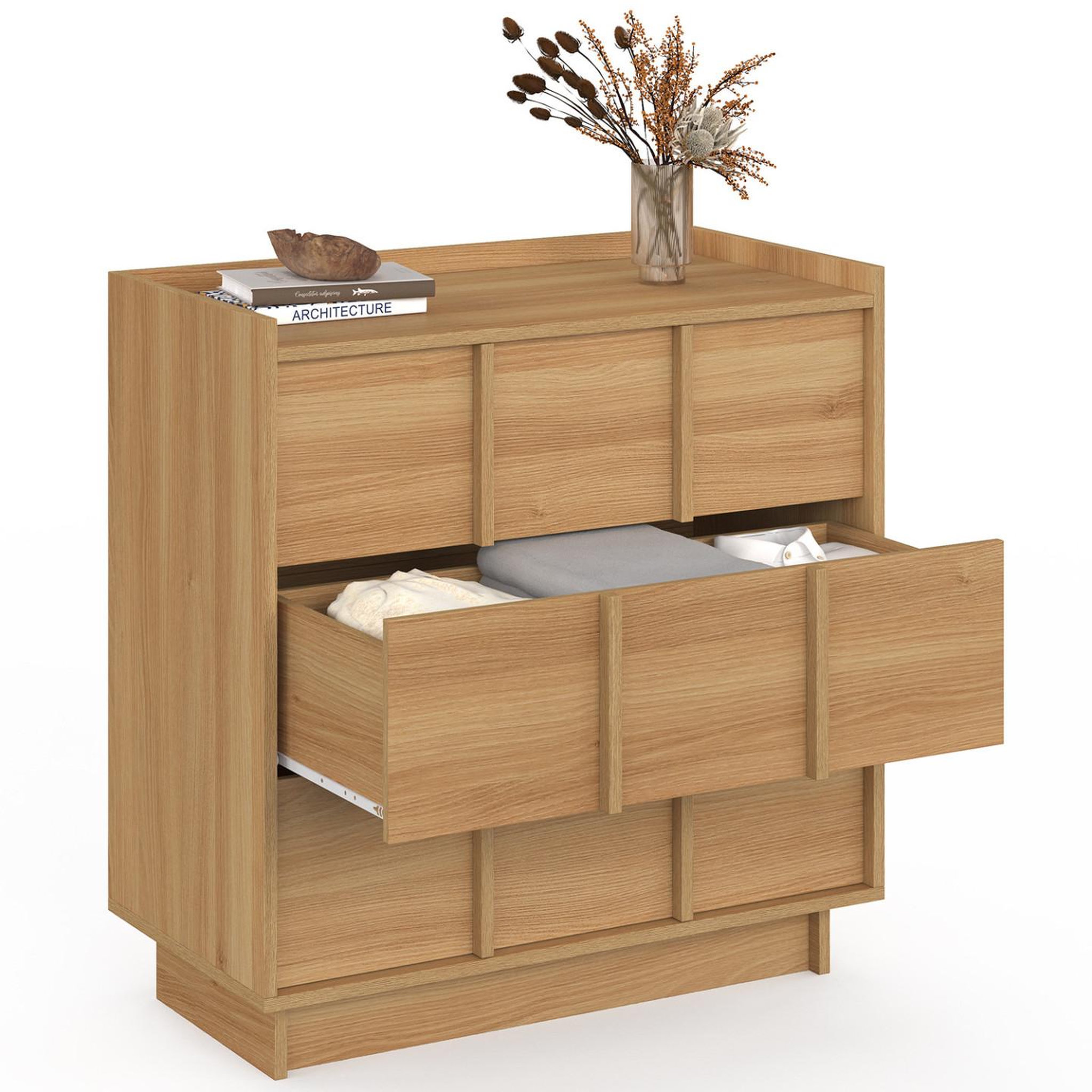 Voir la diapositive 4 : ID MARKET Commode rosie 3 tiroirs 80 cm façon hêtre design minimaliste