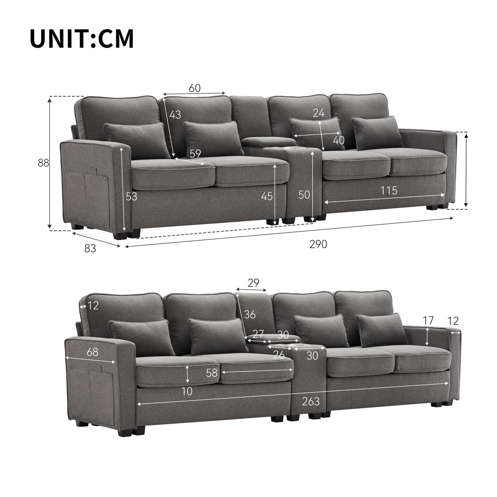 Voir la diapositive 4 : MERAX Canapé 4 Places Fixe Lin Avec 2 Porte-gobelets, 2 Ports USB