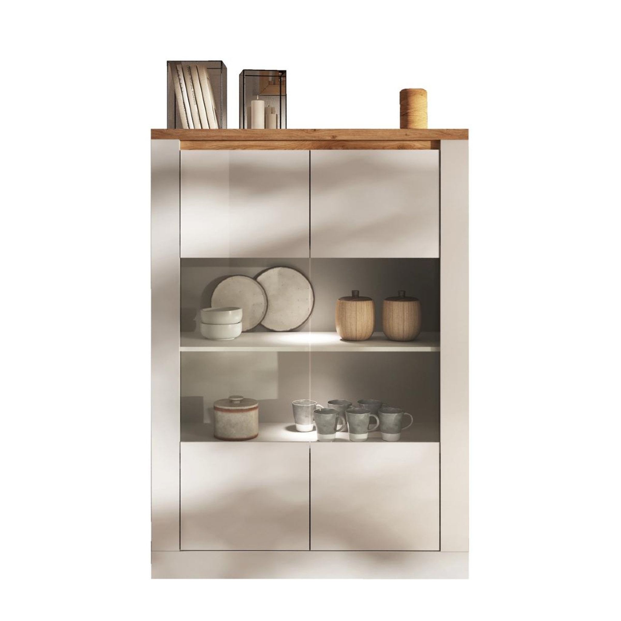 JLC KREATION Vitrine moderne 2 portes laqué blanc et bois + led ARIA