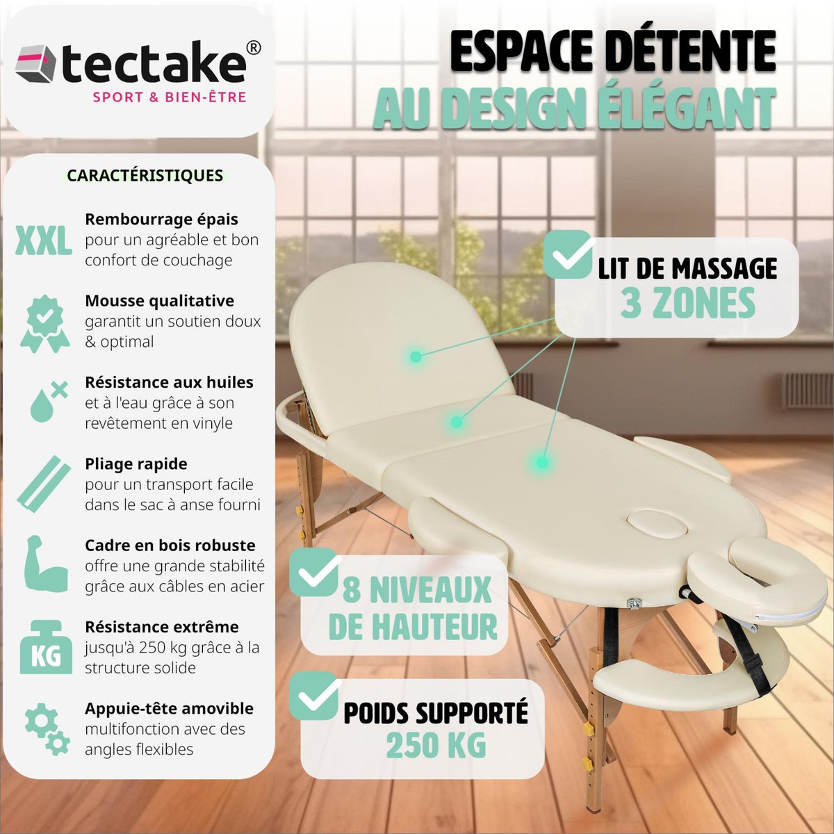 tectake Table de massage portable pliante à 3 zones Largeur 70 cm et rembourrage de 5 cm beige