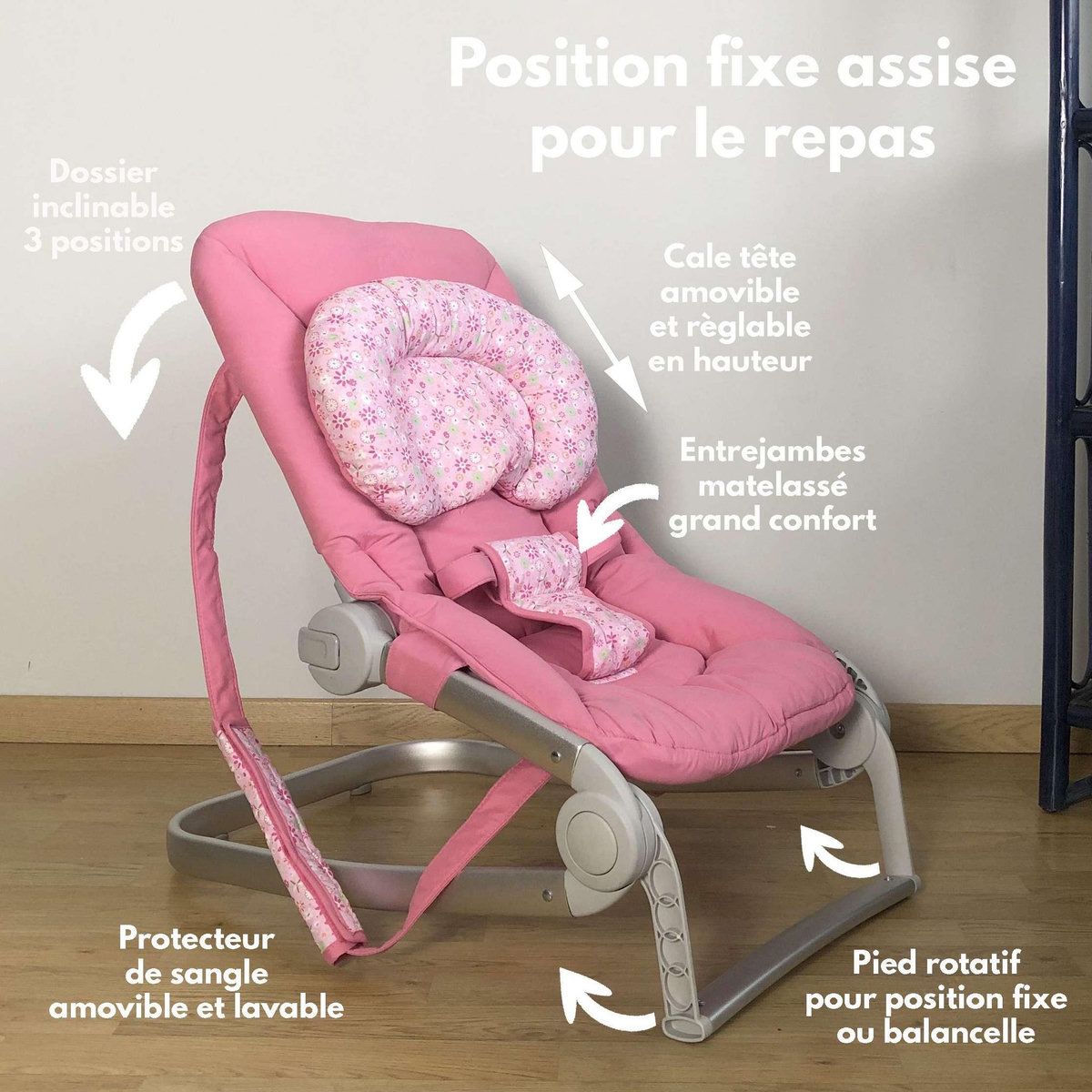 BAMBISOL Bambisol Transat Balancelle Bébé Luxe | Velours, Cale-Tête Réglable | Full Rose