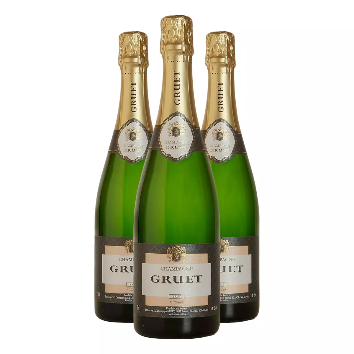 Lot de 3 bouteilles de Champagne Brut Gruet Millésime 2010 