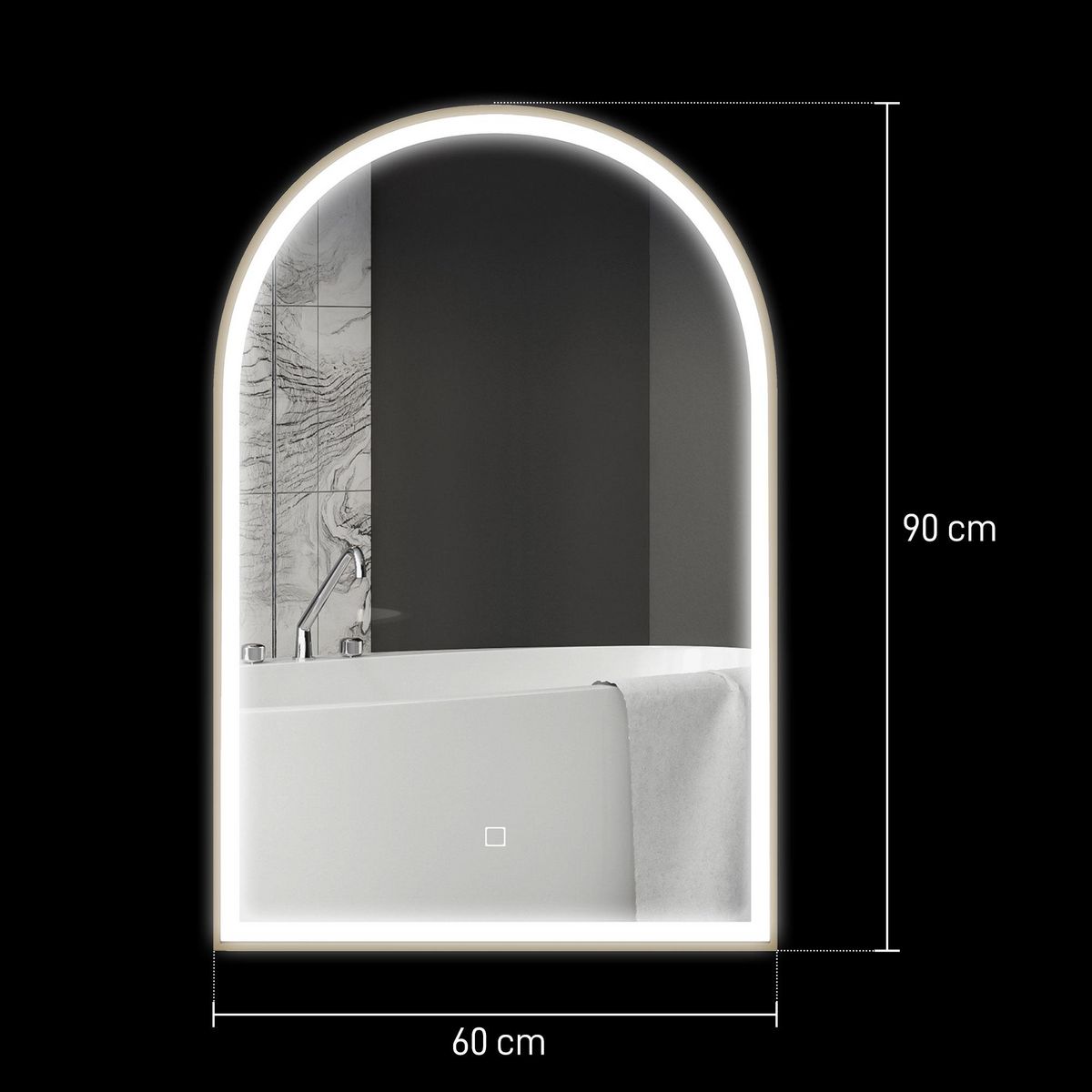 HOMCOM Miroir lumineux LED arqué de salle de bain 90 x 60 cm - tactile, réglable, anti-buée - alu doré