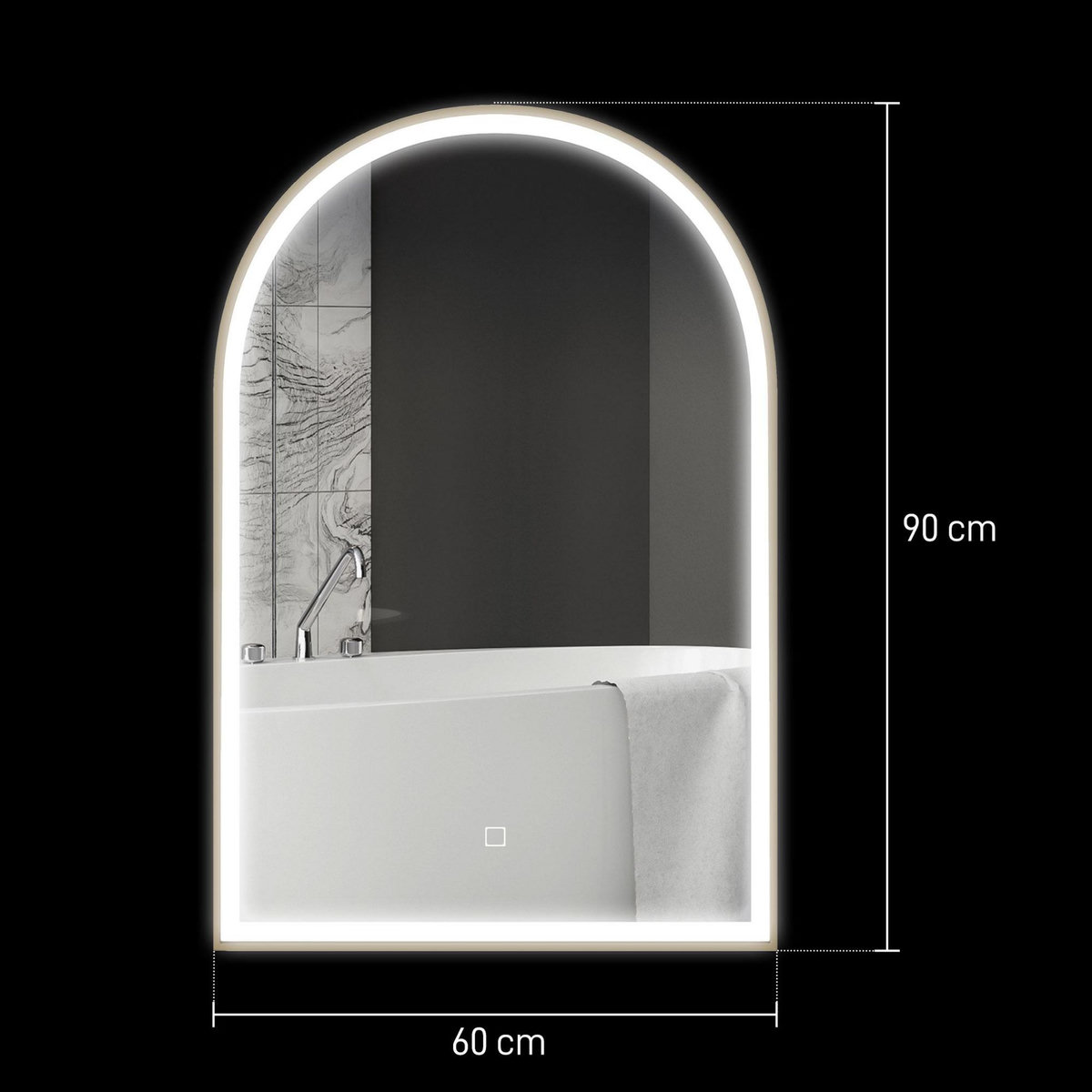 HOMCOM Miroir lumineux LED arqué de salle de bain 90 x 60 cm - tactile, réglable, anti-buée - alu doré