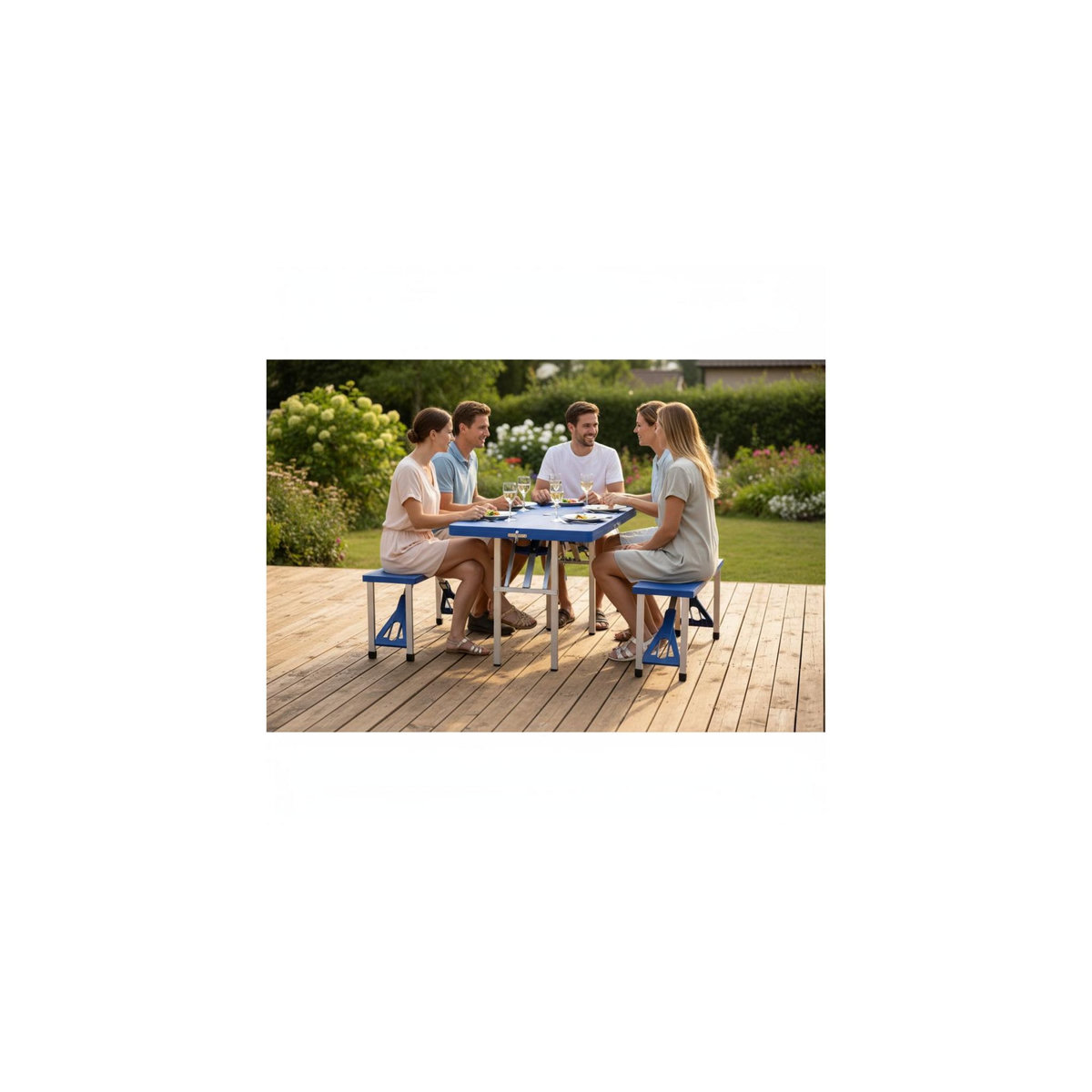 KINGCAMP Table de camping 4 personnes avec banc - Pliable - Bleu